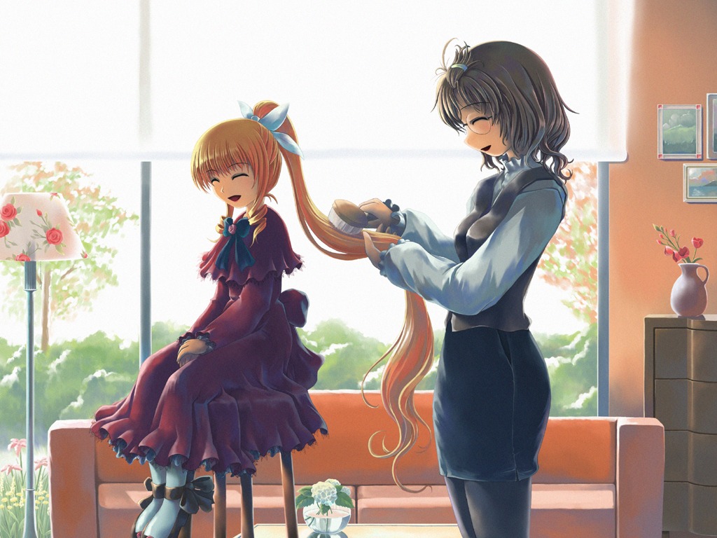 2girls blonde_hair bow brown_hair brush chair closed_eyes commentary_request dress flower glasses image indoors lamp long_hair long_sleeves multiple_girls open_mouth pantyhose ponytail ranranloo rozen_maiden sakurada_nori shinku side_ponytail skirt smile solo standing tree vase very_long_hair window