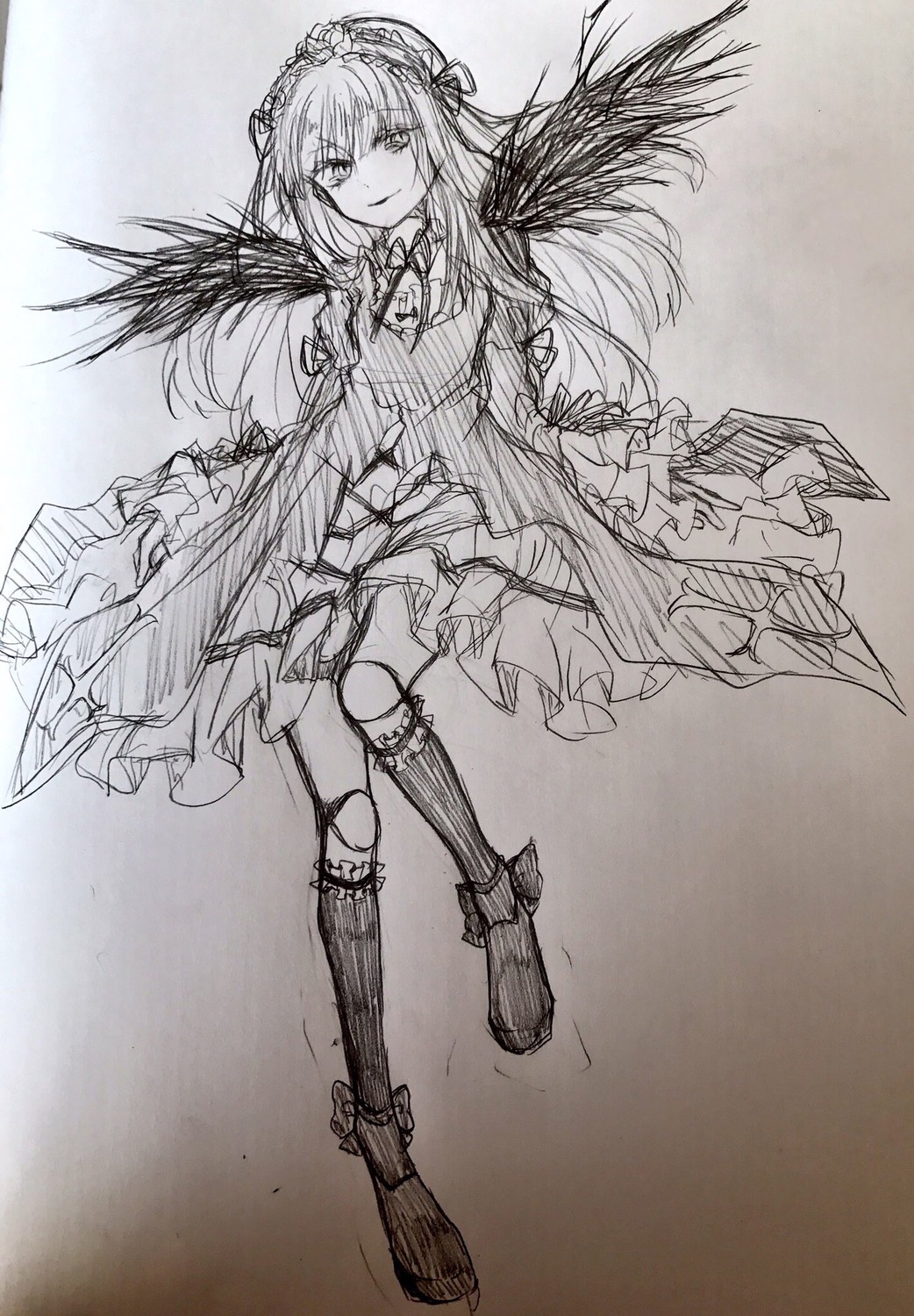 1girl boots doll_joints dress full_body greyscale image joints knee_boots kneehighs long_hair long_sleeves looking_at_viewer monochrome sketch smile solo suigintou traditional_media wings