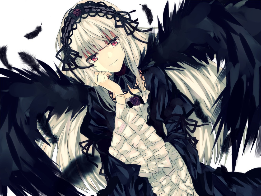 1girl bangs black_dress black_feathers black_ribbon black_wings closed_mouth commentary_request dress eyebrows_visible_through_hair feathered_wings feathers flower frills gothic_lolita hairband image lolita_fashion lolita_hairband long_hair long_sleeves looking_at_viewer minazuki_(0038) purple_eyes red_eyes ribbon rose rozen_maiden silver_hair smile solo suigintou very_long_hair white_background wings