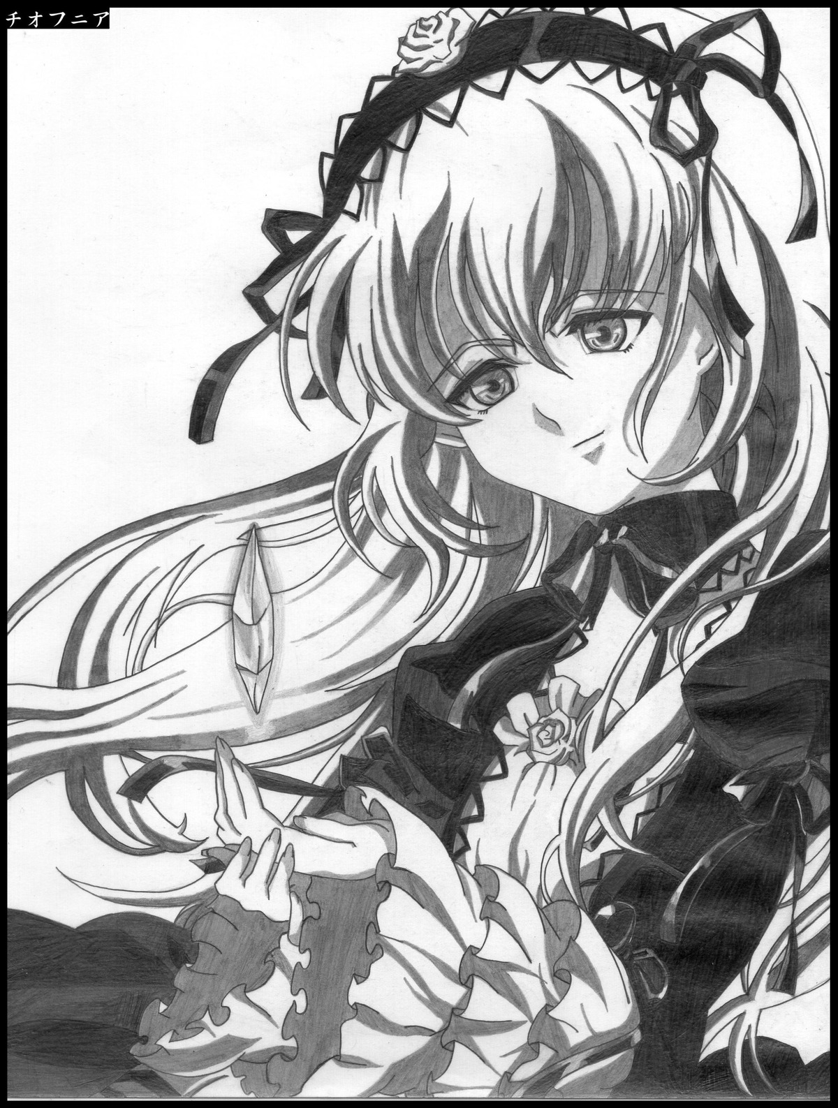 1girl auto_tagged black_border circle_cut dress flower frills greyscale hairband image letterboxed long_hair long_sleeves looking_at_viewer monochrome ribbon rose shikishi solo suigintou traditional_media