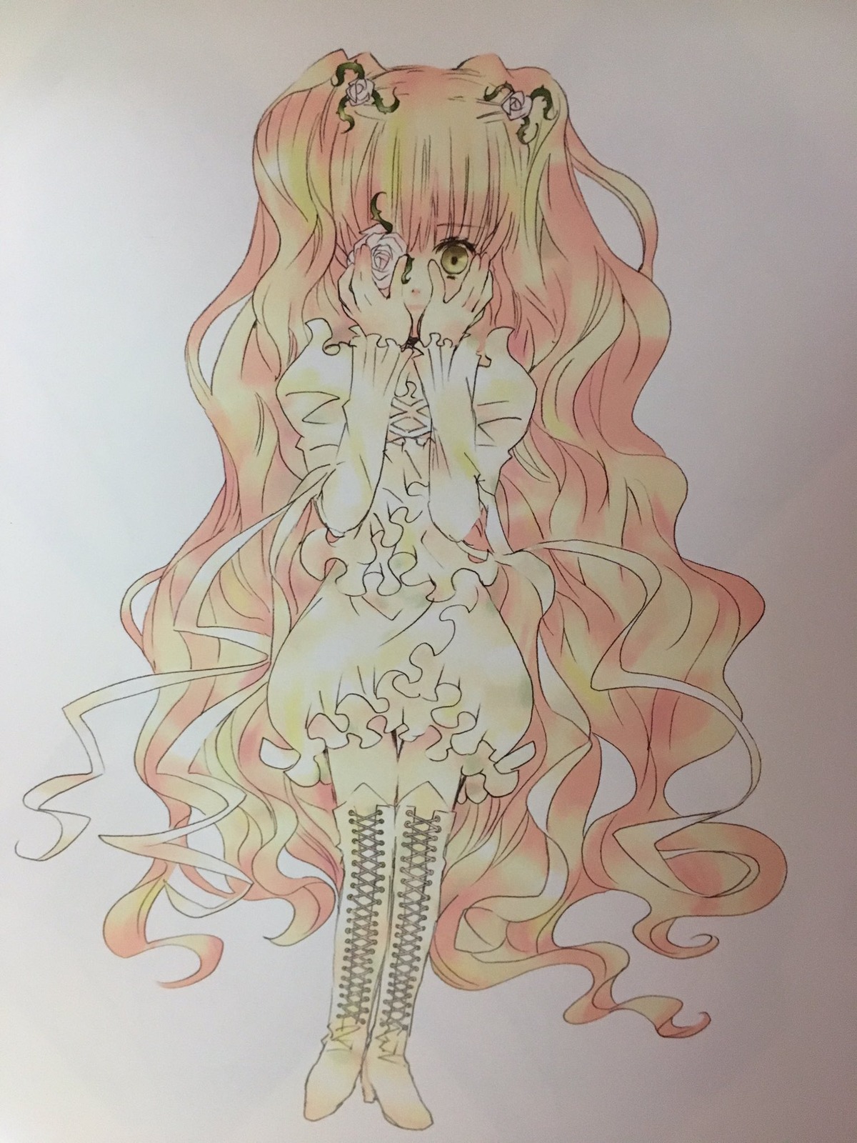 1girl blonde_hair boots cross-laced_footwear dress full_body hair_ornament image kirakishou long_hair pink_hair solo tears very_long_hair wavy_hair yellow_eyes