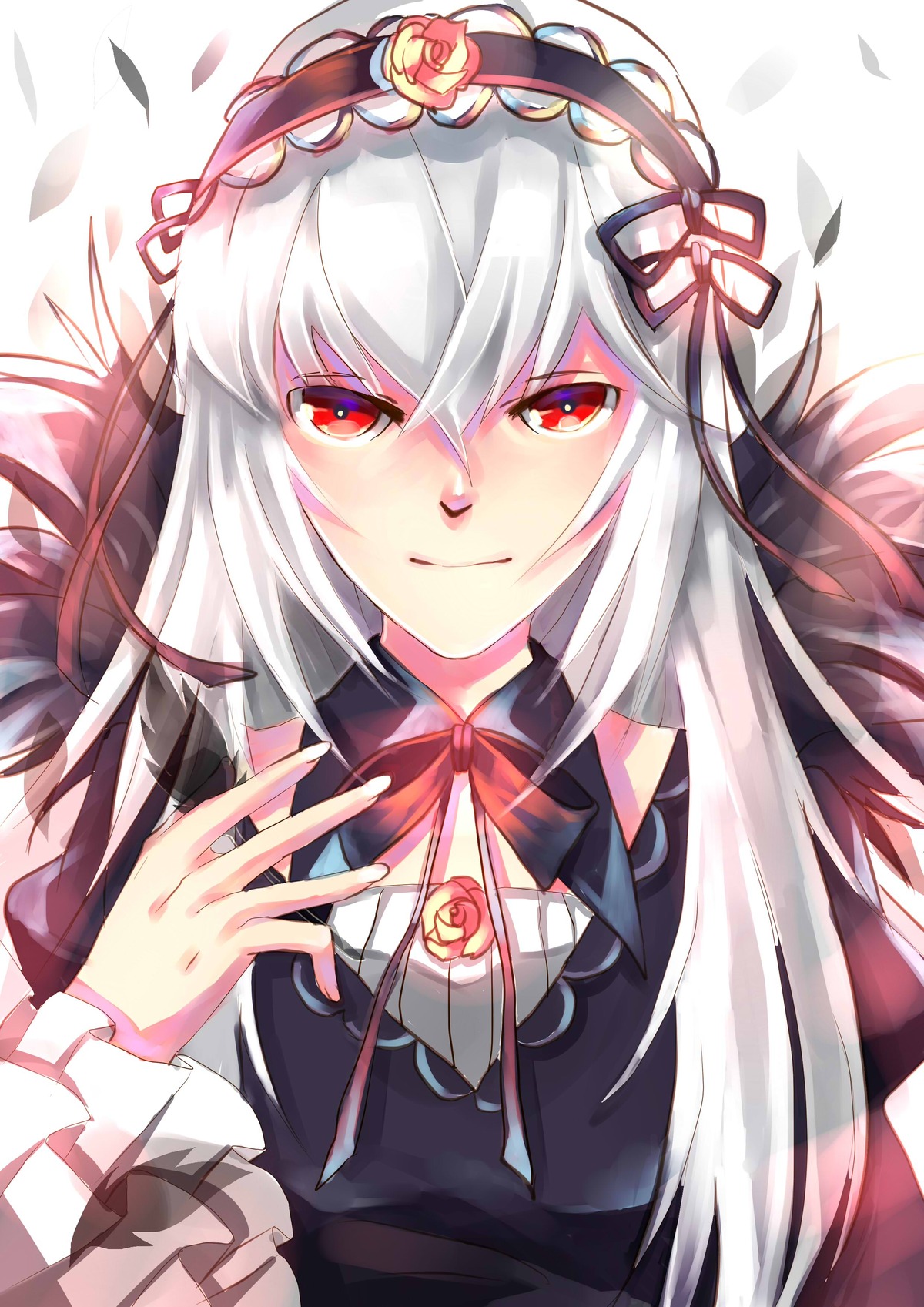 1girl bangs black_dress black_ribbon closed_mouth dress eyebrows_visible_through_hair flower frills hair_between_eyes hairband image long_hair long_sleeves looking_at_viewer red_eyes red_ribbon ribbon rose silver_hair smile solo suigintou upper_body