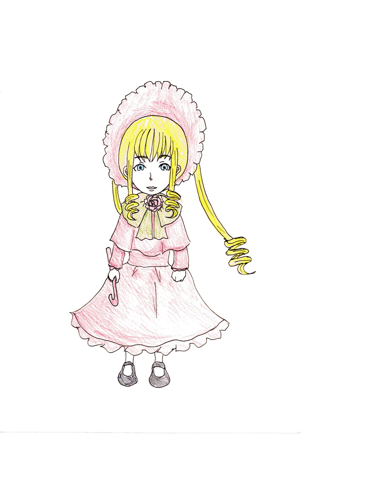 1girl blonde_hair blue_eyes bonnet dress flower full_body image long_sleeves pink_dress rose shinku shoes simple_background solo standing white_background