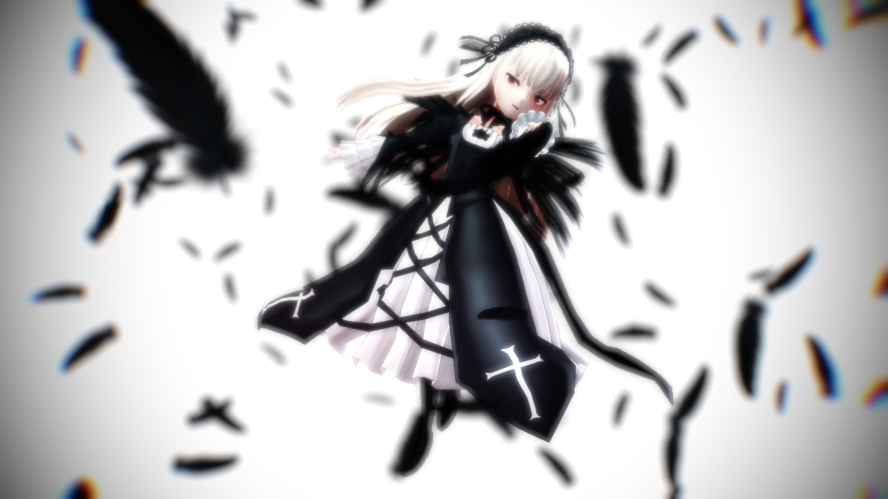 1girl bangs bird black_dress black_feathers black_ribbon black_wings blurry blurry_background blurry_foreground depth_of_field dress feathers flower frills hairband long_hair long_sleeves looking_at_viewer motion_blur red_eyes ribbon rose silver_hair solo suigintou very_long_hair wings