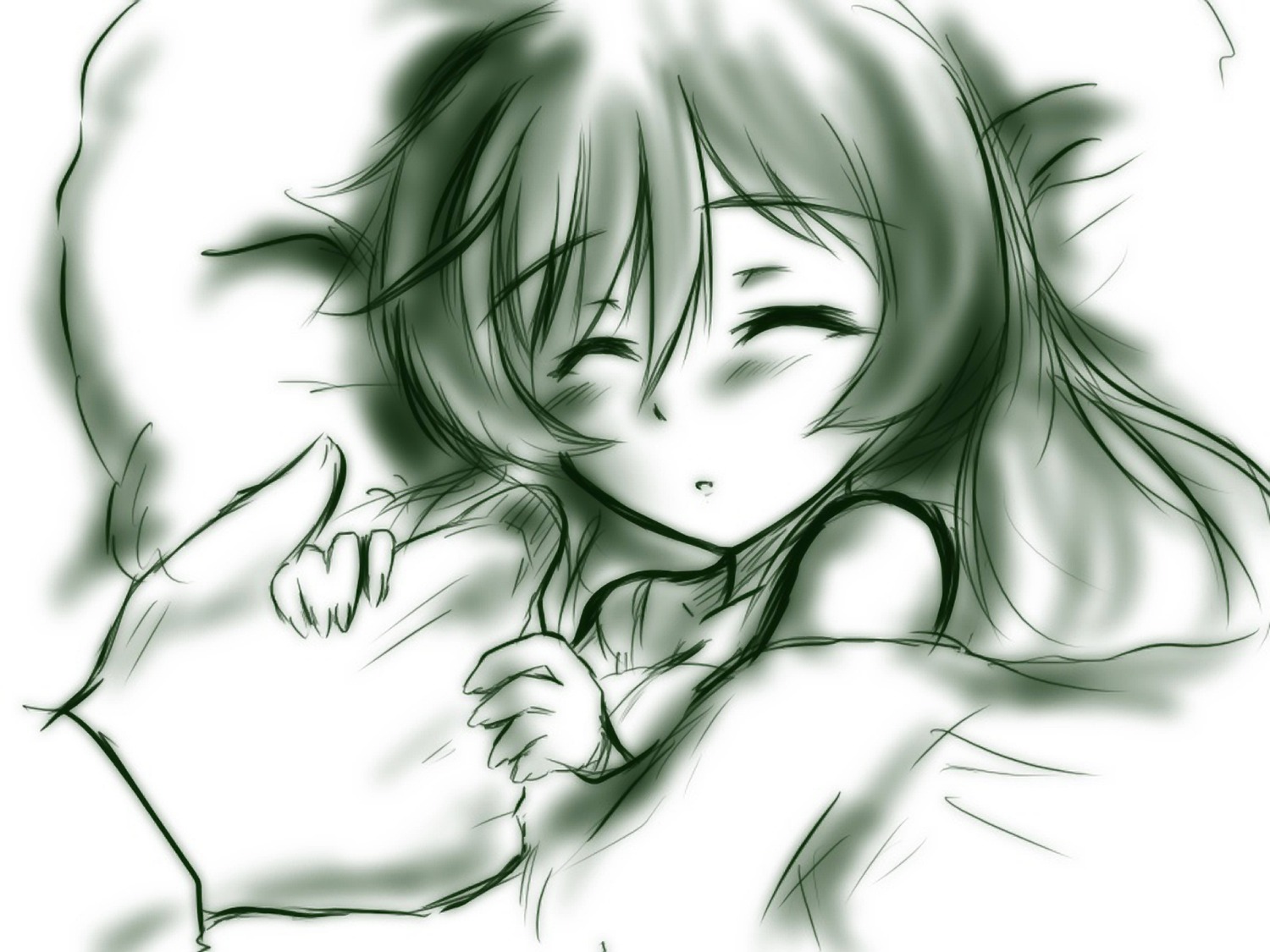 1girl artist_request blurry blush closed_eyes depth_of_field eyebrows_visible_through_hair green_theme greyscale highres image long_hair lying monochrome parted_lips pillow rozen_maiden size_difference sleeping solo suiseiseki under_covers