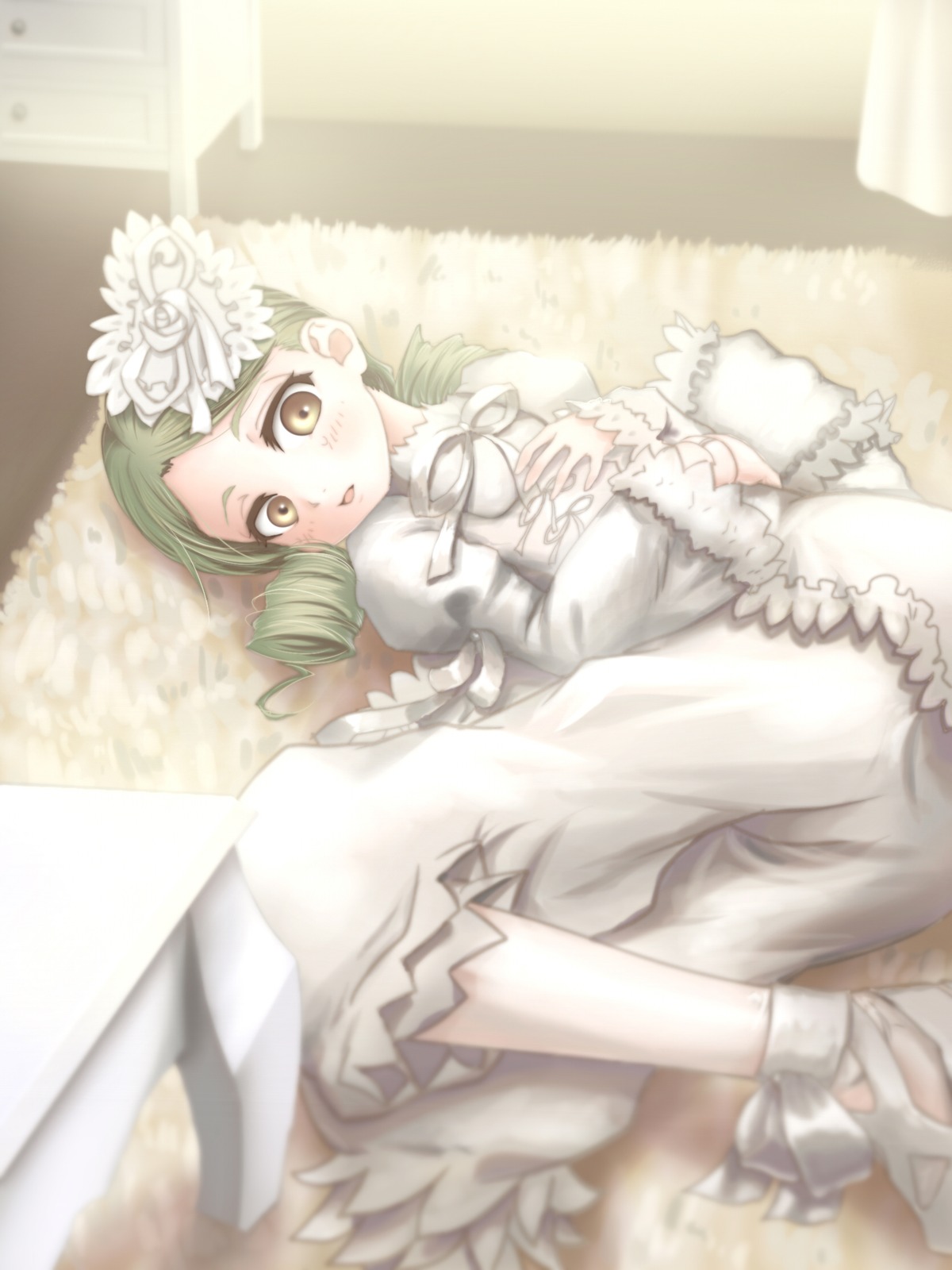 1girl blurry blurry_foreground blush depth_of_field dress drill_hair flower frills green_hair hair_flower hair_ornament image kanaria long_sleeves lying rose solo white_flower white_rose yellow_eyes