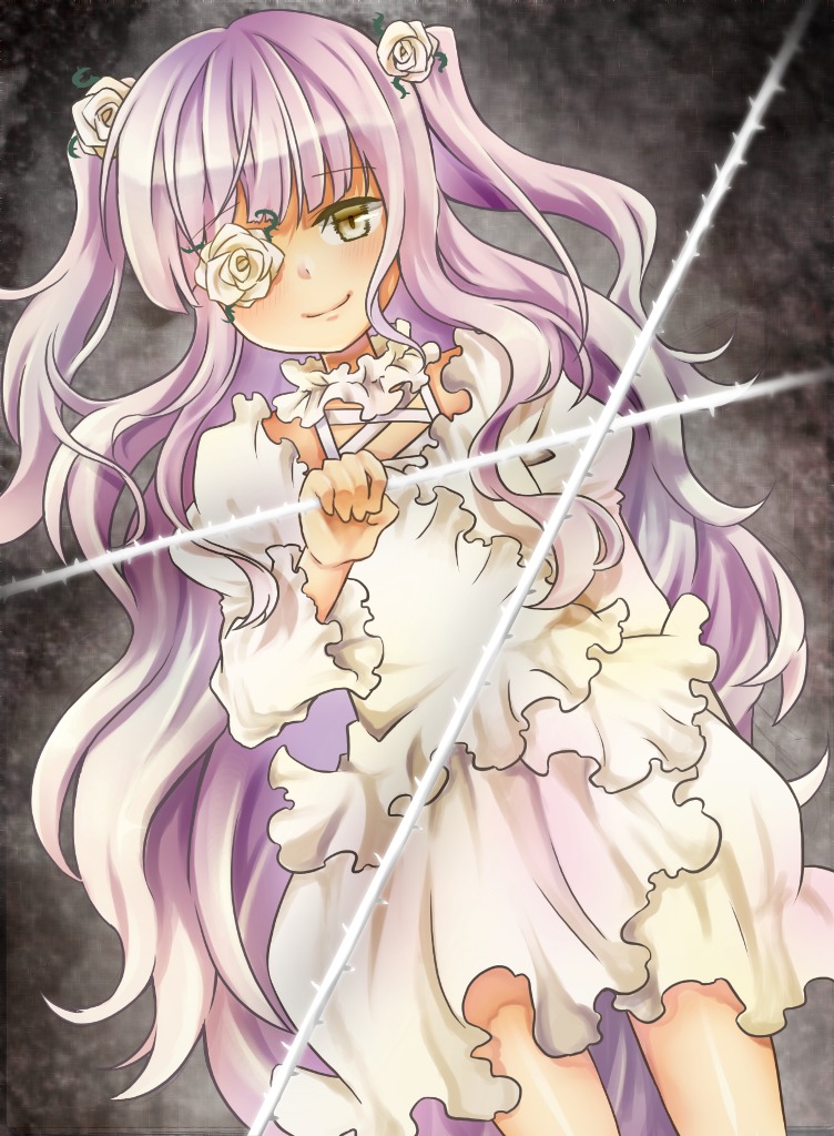 1girl dress eyepatch flower hair_flower hair_ornament image kirakishou long_hair pink_hair rose see-through smile solo thorns two_side_up very_long_hair white_dress white_flower white_rose yellow_eyes