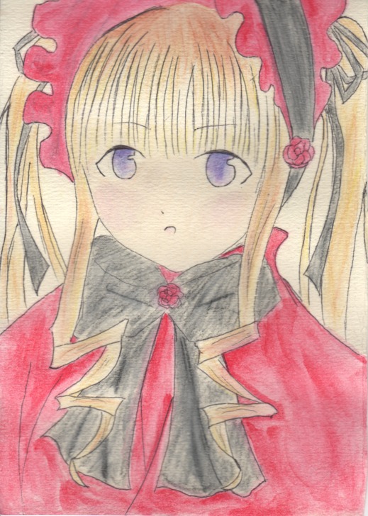 1girl blonde_hair blush bonnet bow capelet flower image long_hair looking_at_viewer marker_(medium) parted_lips photo rose shinku simple_background solo traditional_media