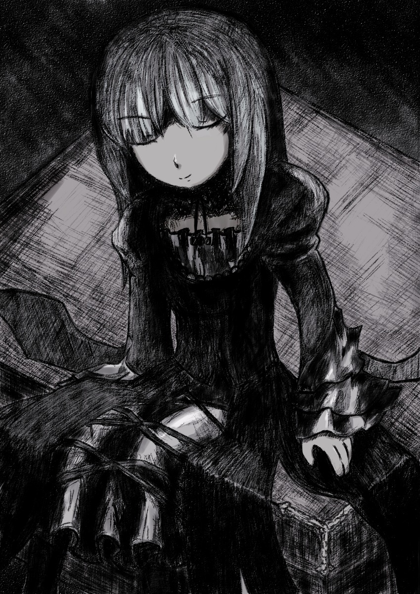 1girl blunt_bangs closed_eyes closed_mouth dress greyscale image long_hair long_sleeves monochrome sitting solo suigintou
