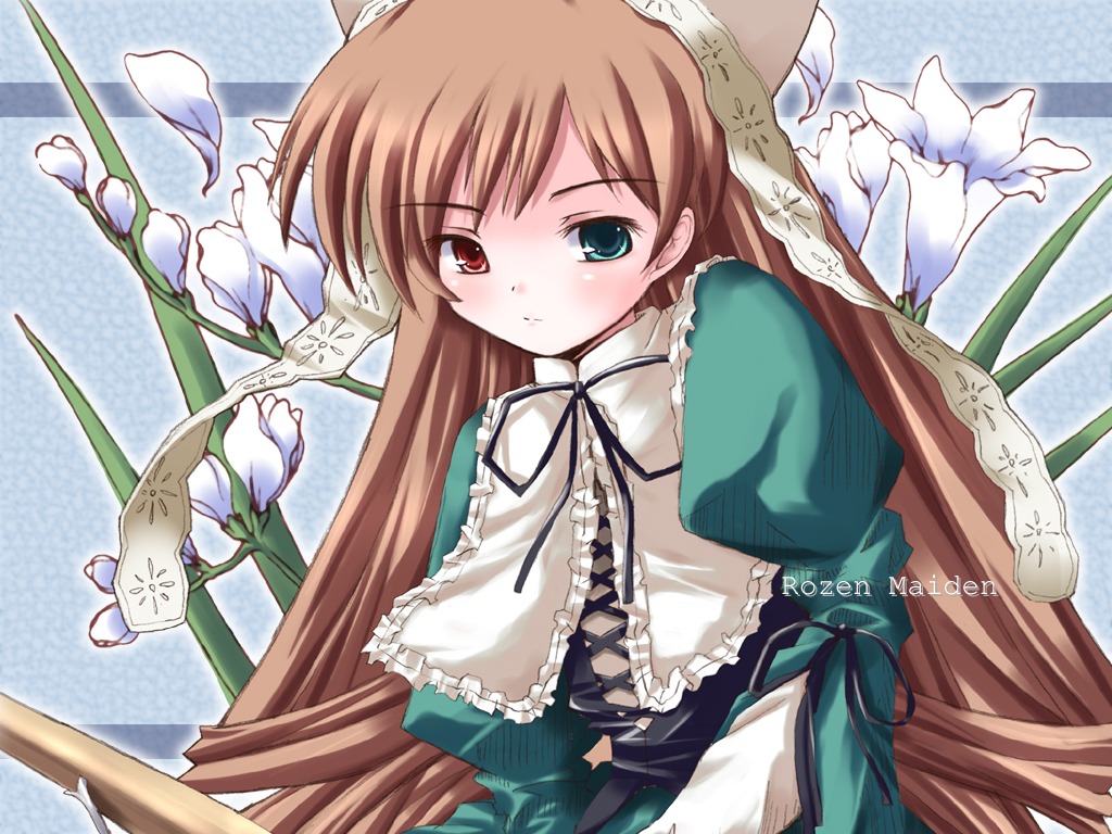 1girl blush brown_hair corset dress drill_hair flat_chest flower freesia_(flower) frills green_dress green_eyes hat heterochromia image lolita_fashion long_hair long_sleeves looking_at_viewer red_eyes ribbon rozen_maiden shinshin solo suiseiseki twin_drills twintails very_long_hair watering_can