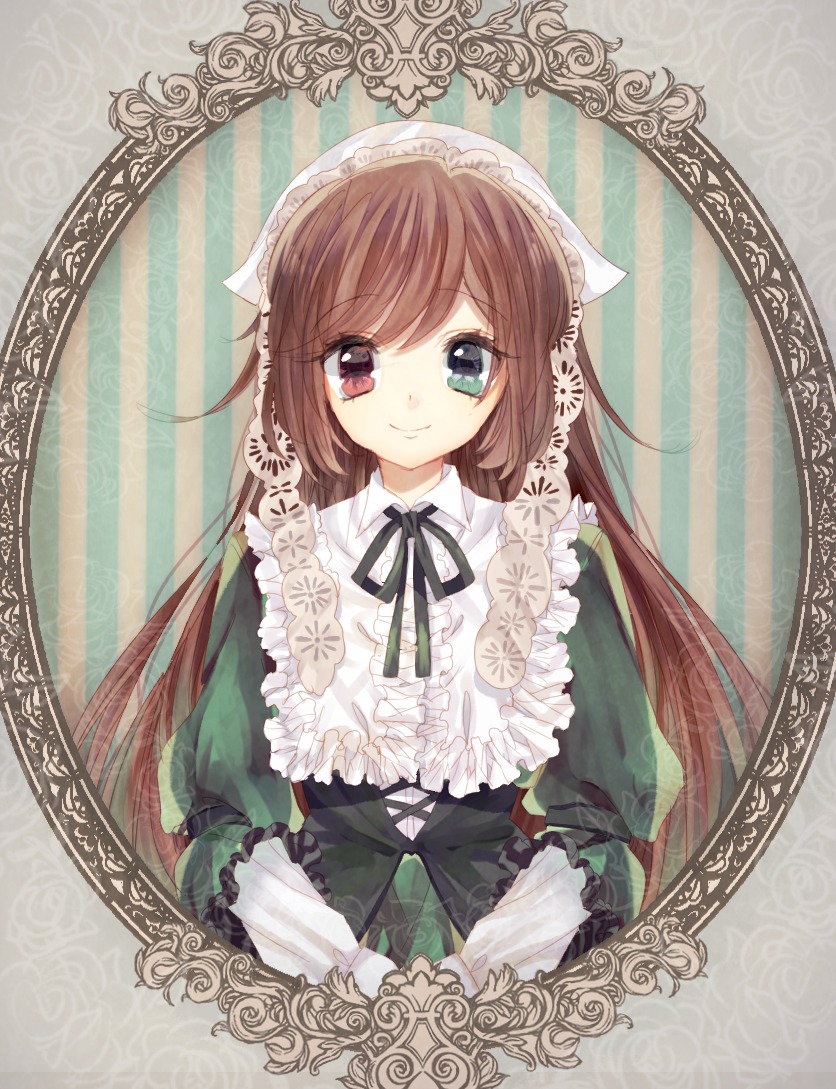 1girl brown_hair dress frills green_dress heterochromia image long_hair long_sleeves looking_at_viewer red_eyes ribbon smile solo suiseiseki upper_body very_long_hair