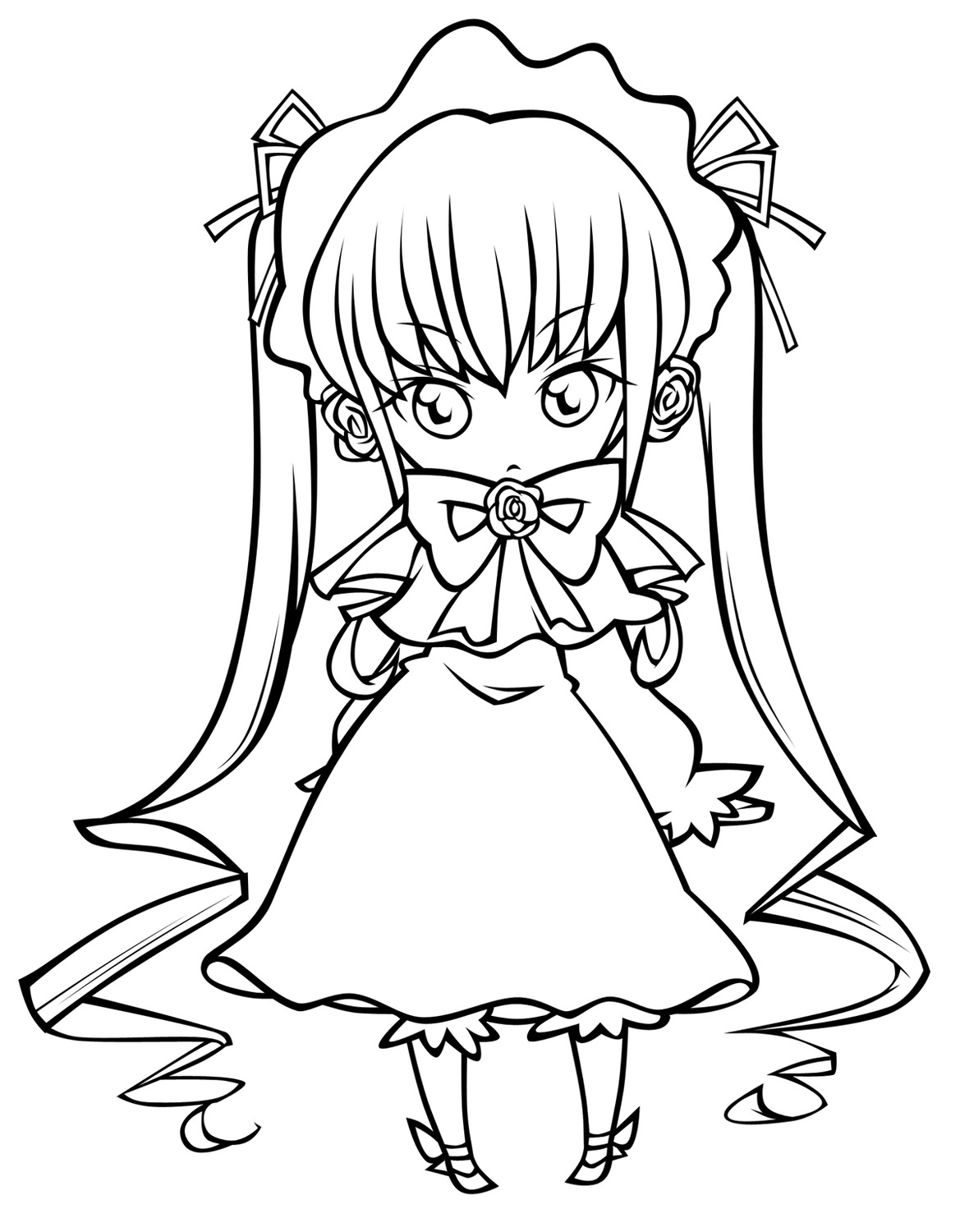 1girl blush chibi dress full_body greyscale image lineart long_hair long_sleeves looking_at_viewer monochrome ribbon shinku simple_background solo standing twintails very_long_hair white_background