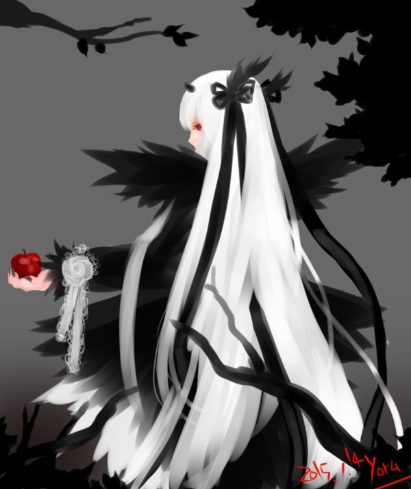 1girl apple black_wings food fruit image long_hair looking_back red_eyes solo suigintou very_long_hair white_hair wings