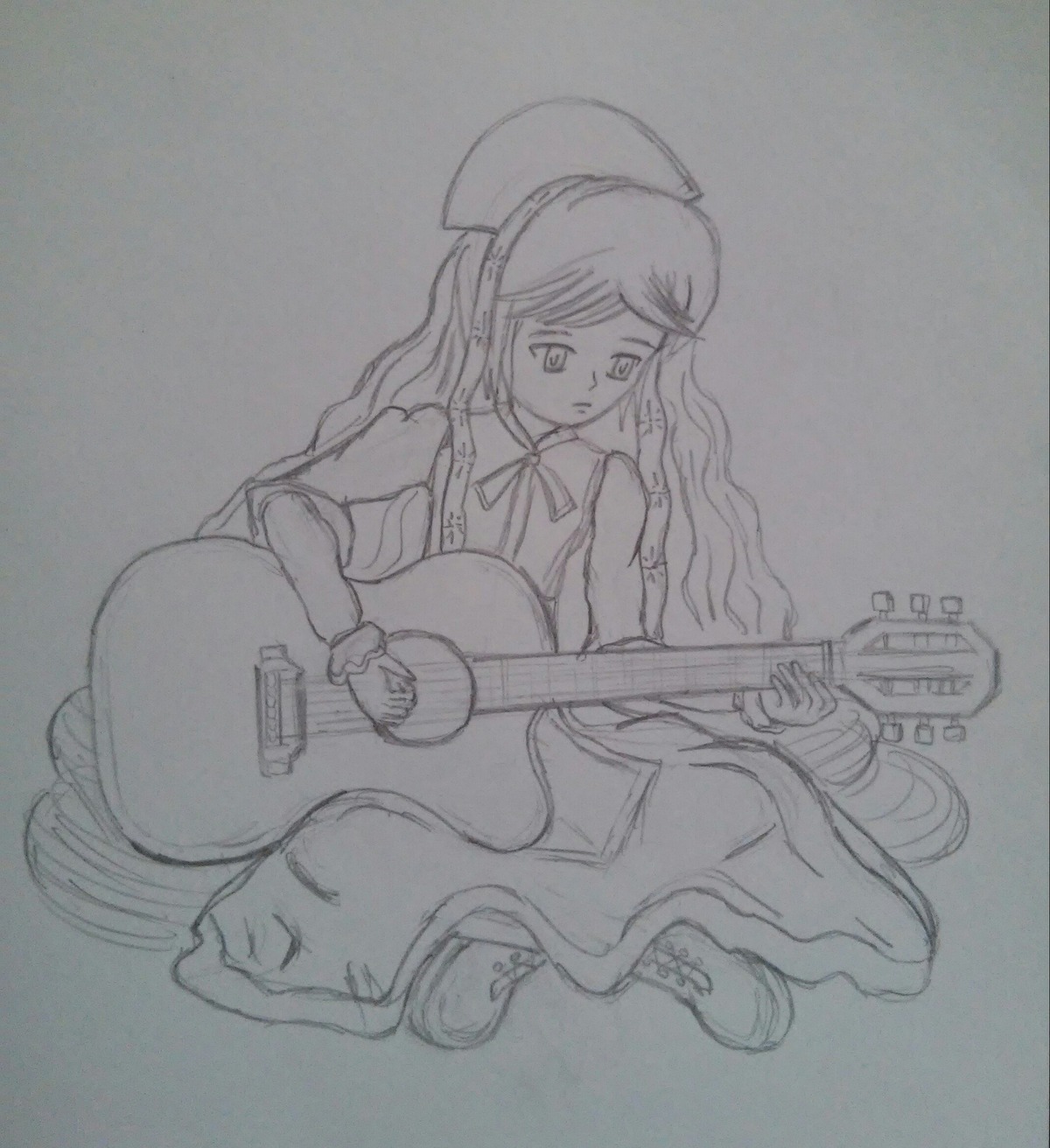 1girl acoustic_guitar bass_guitar bow bow_(instrument) dress electric_guitar guitar hat holding_instrument image instrument long_hair long_sleeves monochrome music pantyhose photo playing_instrument plectrum sitting solo suiseiseki traditional_media