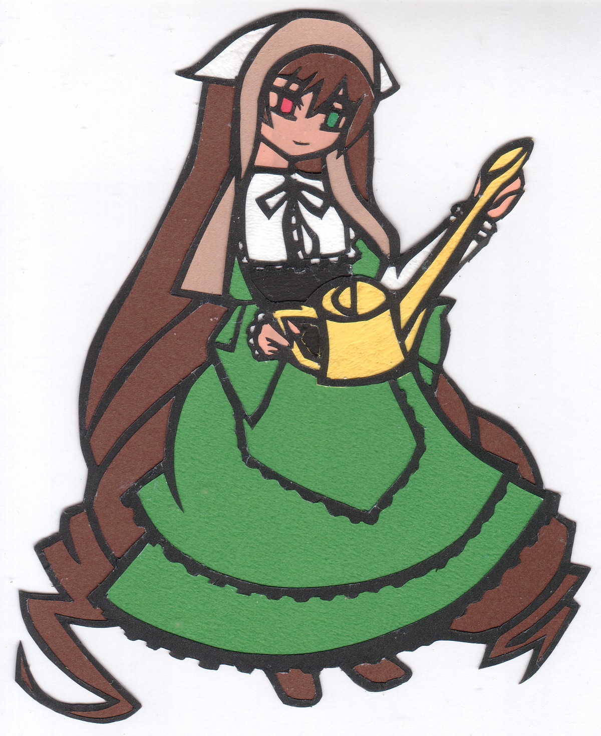 1girl bangs brown_hair closed_mouth dress full_body green_dress green_eyes holding image long_hair long_sleeves neck_ribbon ribbon sleeveless smile solo standing striped suiseiseki very_long_hair