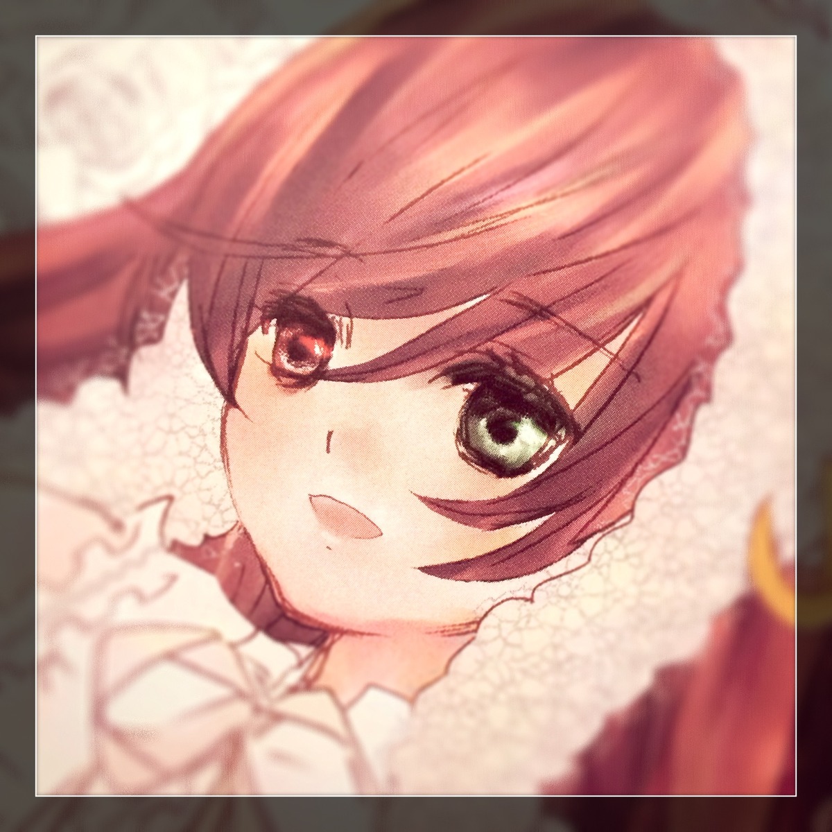 1boy 1girl bangs black_border blurry blurry_background blurry_foreground border close-up depth_of_field eyebrows_visible_through_hair image letterboxed looking_at_viewer meiko open_mouth short_hair smile solo suiseiseki