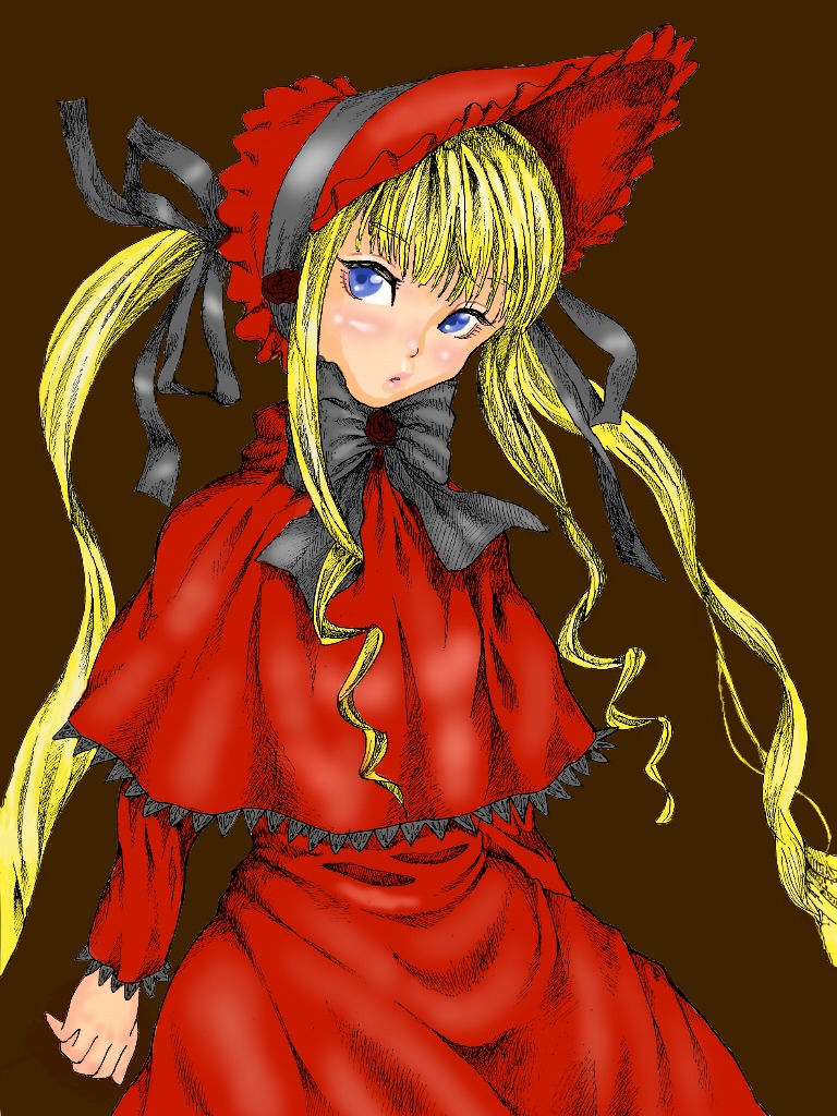 1girl blonde_hair blue_eyes bonnet bow brown_background capelet dress image long_hair long_sleeves looking_at_viewer red_capelet red_dress shinku simple_background solo twintails