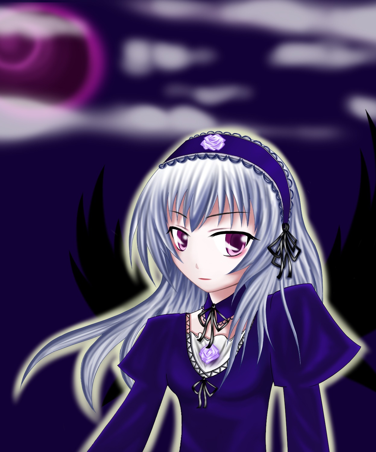 1girl black_ribbon black_wings detached_collar dress flower frills hairband image juliet_sleeves long_hair long_sleeves looking_at_viewer puffy_sleeves ribbon rose silver_hair solo suigintou upper_body wings