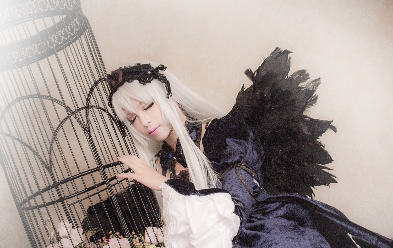 1girl black_wings closed_eyes dress flower frills hairband lips long_hair long_sleeves rose silver_hair solo suigintou