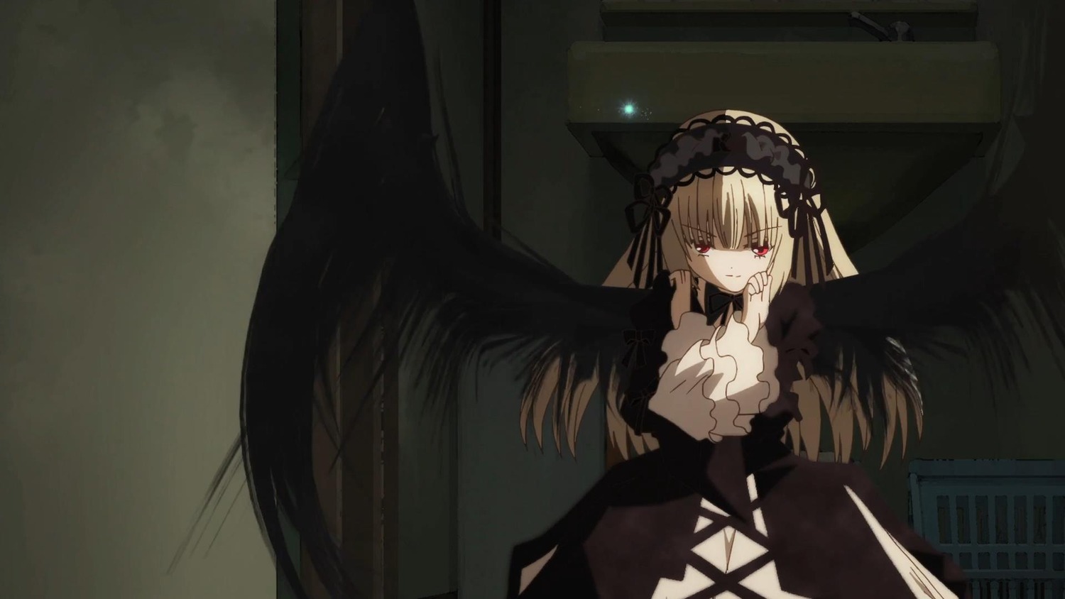 1girl black_dress black_ribbon black_wings dress feathered_wings hairband image long_hair long_sleeves looking_at_viewer red_eyes ribbon solo suigintou very_long_hair wings