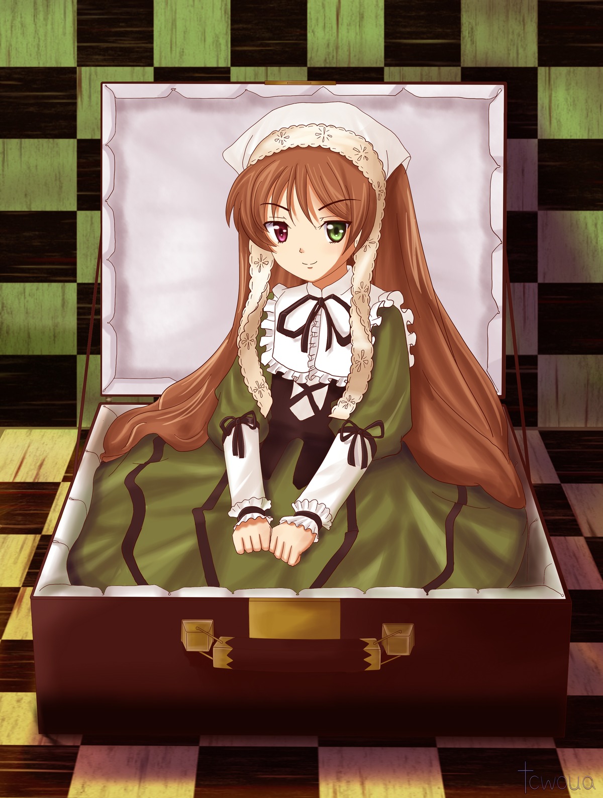 1girl argyle argyle_background blanket board_game brown_hair checkered checkered_background checkered_floor chess_piece dress green_dress green_eyes heterochromia image long_hair long_sleeves looking_at_viewer perspective red_eyes solo suiseiseki table tile_floor tiles twintails very_long_hair