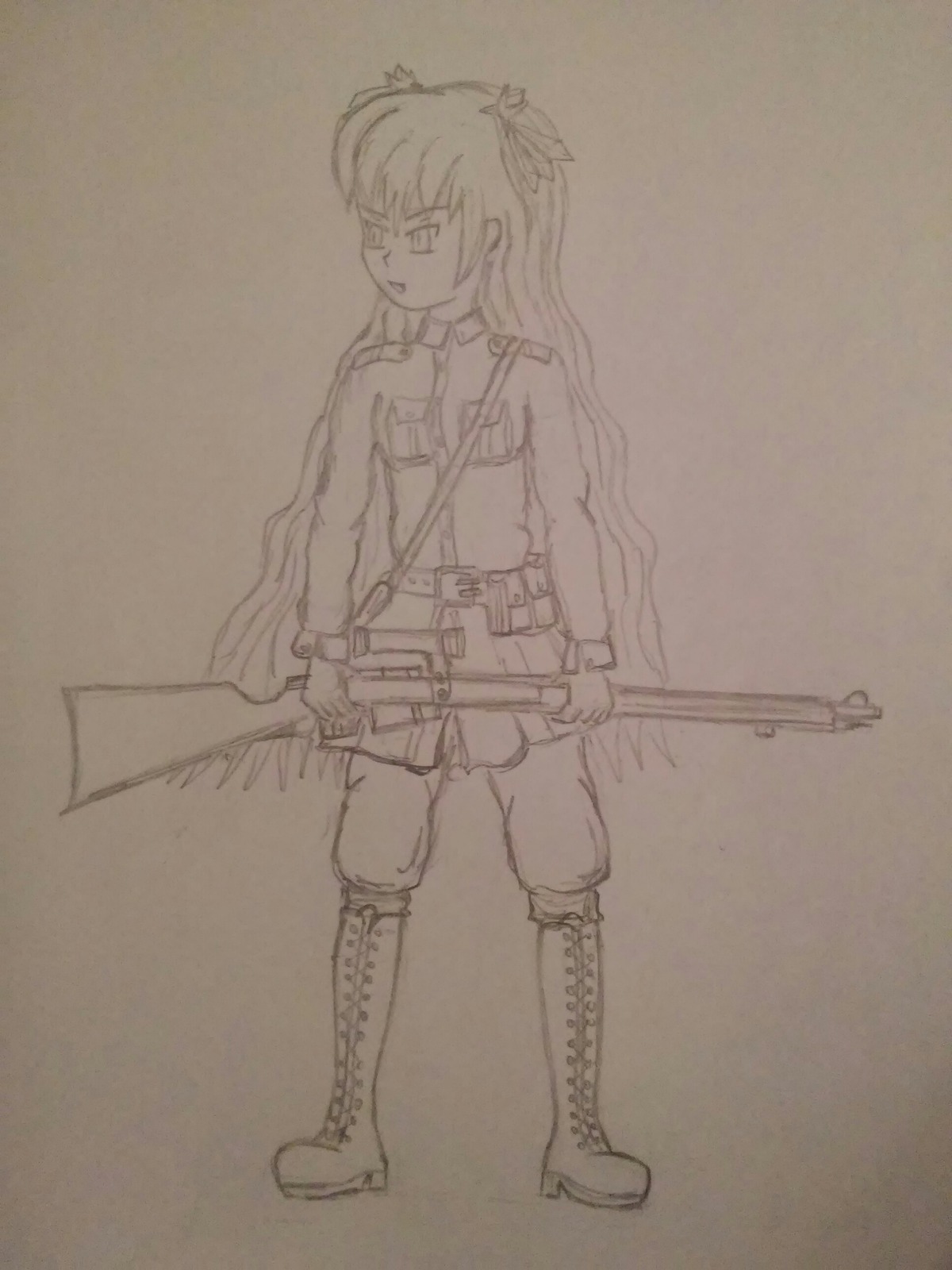 1girl barasuishou belt boots cross-laced_footwear graphite_(medium) gun hair_ribbon image knee_boots long_hair military military_uniform monochrome rifle solo traditional_media uniform weapon