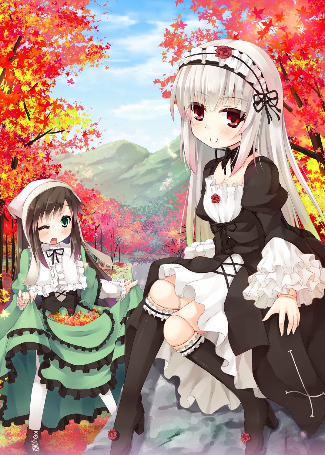 2girls ;d anger_vein asa_(swallowtail) autumn autumn_leaves bangs black_dress black_footwear black_hairband blue_sky blush boots brown_footwear brown_hair c: closed_mouth cloud commentary_request cross-laced_footwear day doll_joints dress eyebrows_visible_through_hair falling_leaves flower frilled_boots frilled_hairband frilled_shirt_collar frills gothic_lolita green_dress green_eyes hair_between_eyes hairband head_scarf head_tilt high_heel_boots high_heels highres image joints juliet_sleeves knee_boots kneehighs lace-up_boots leaf lolita_fashion lolita_hairband long_hair long_sleeves looking_at_viewer maple_leaf mountain multiple_girls one_eye_closed open_mouth outdoors pair pantyhose photoshop_(medium) puffy_sleeves red_eyes red_flower red_rose rock rose rozen_maiden silver_hair sitting skirt_basket sky smile suigintou suiseiseki tree very_long_hair white_legwear wide_sleeves
