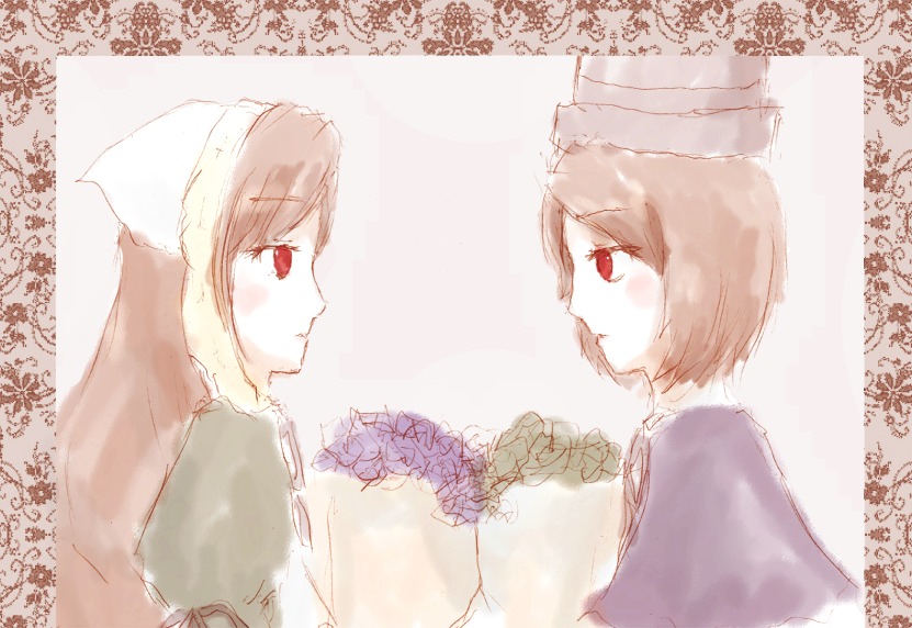 2girls brown_hair flower hat image imaizumi_kagerou multiple_girls pair red_eyes short_hair siblings sisters smile souseiseki suiseiseki wolf_ears