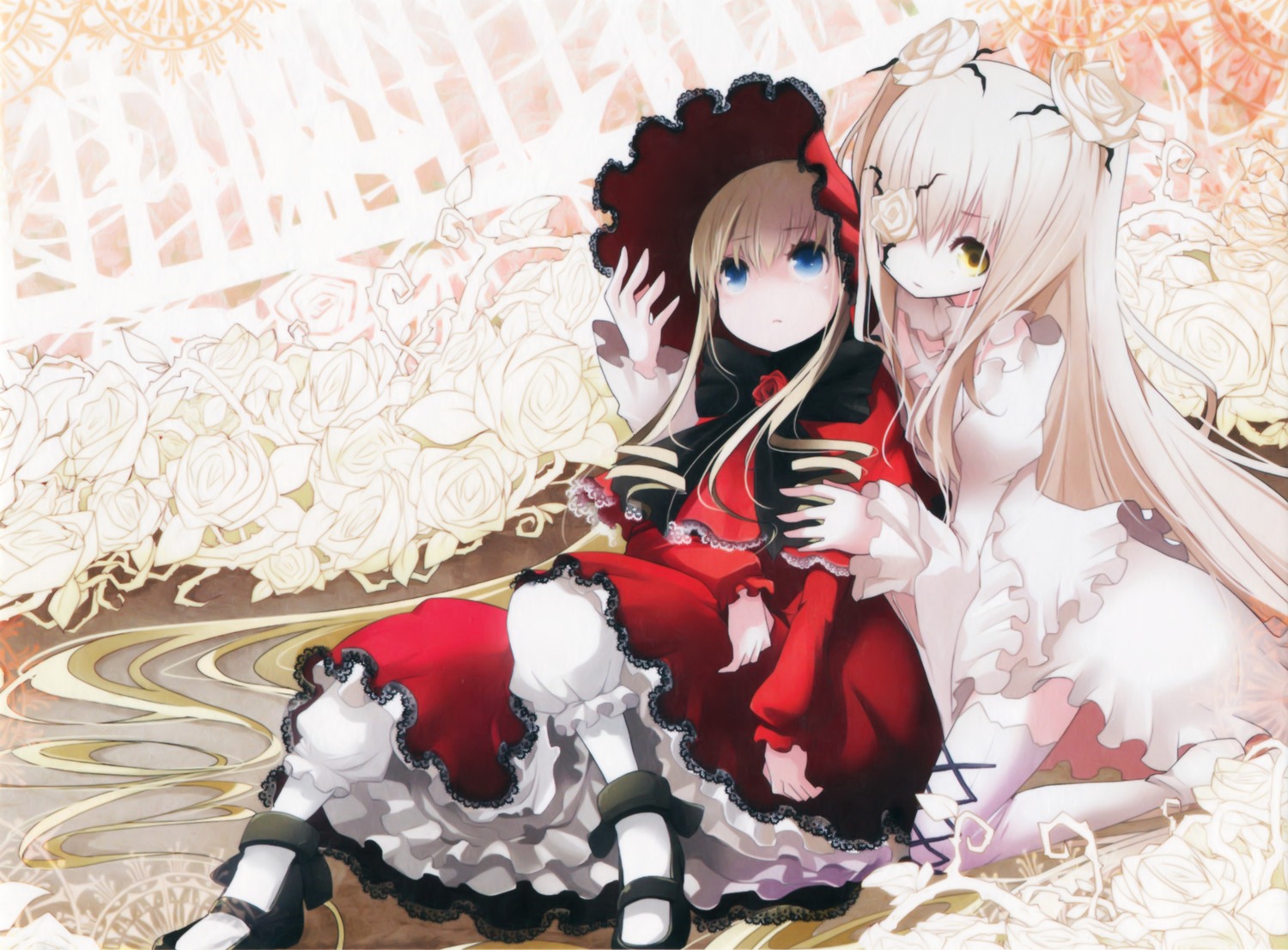 2girls blonde_hair bloomers blue_eyes dress flower frills hat image kirakishou long_hair long_sleeves multiple_girls red_dress rose shinku sitting solo thighhighs underwear very_long_hair white_flower white_legwear white_rose yellow_eyes