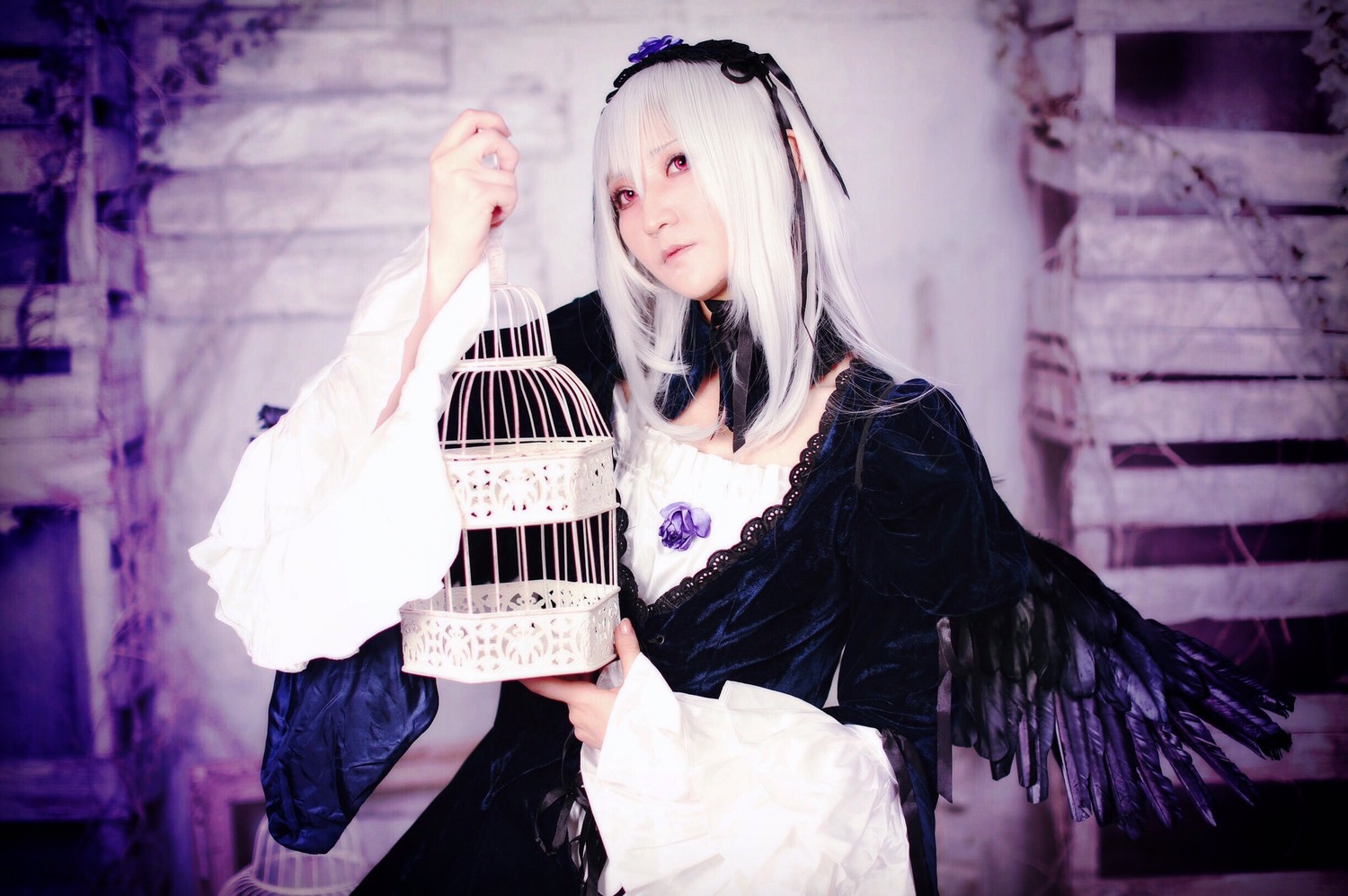 1girl 3d blurry dress fan flower hairband long_sleeves nail_polish red_eyes solo suigintou white_hair wide_sleeves