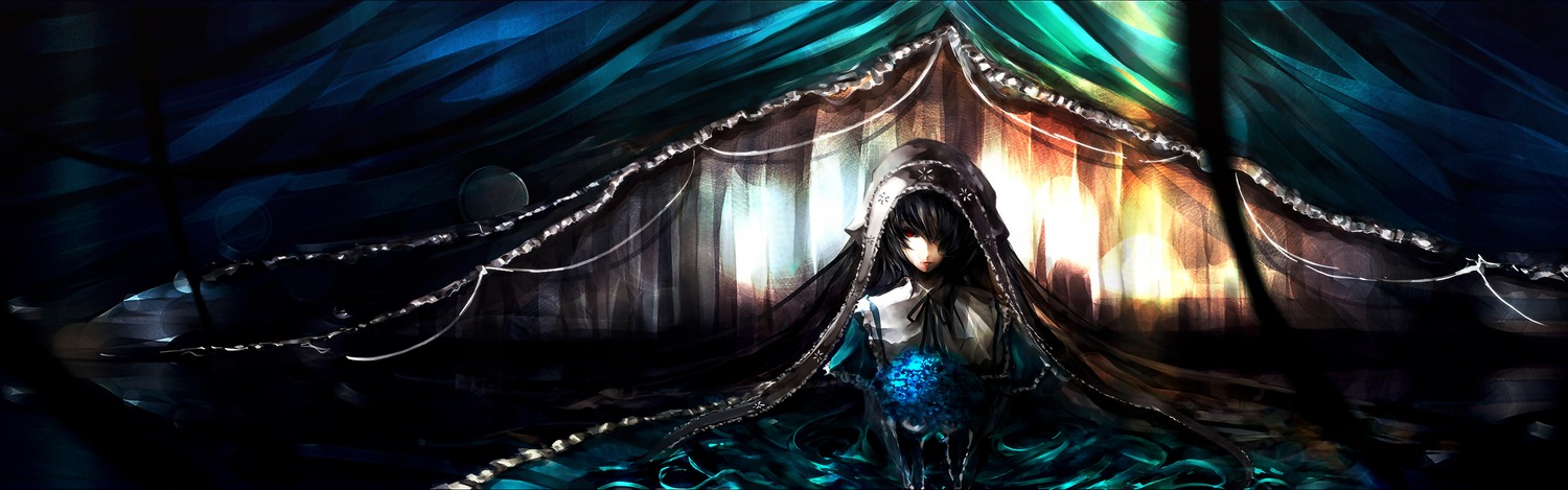 1girl black_hair curtains dress image long_hair red_eyes solo suiseiseki very_long_hair