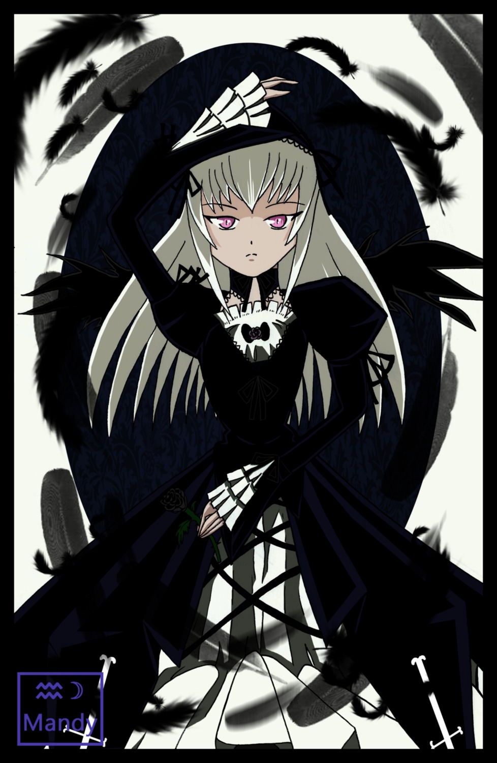 1girl bird black_feathers black_wings crow dress expressionless feathered_wings feathers image letterboxed long_hair long_sleeves looking_at_viewer pink_eyes purple_eyes rose solo suigintou wings