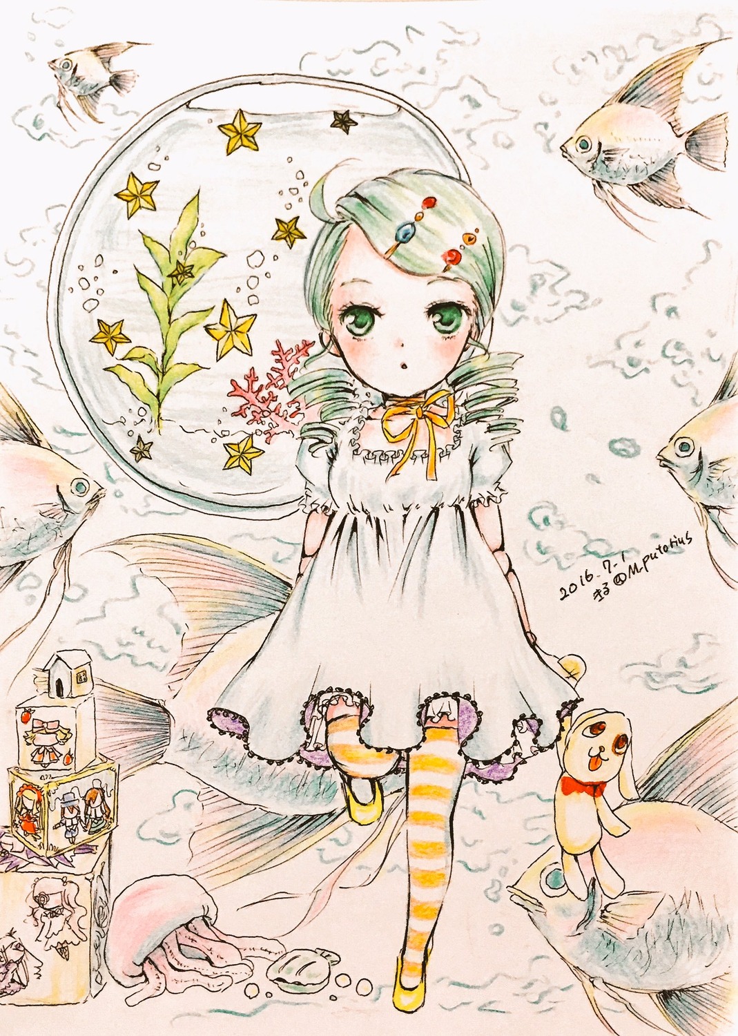 1girl animal bird dress green_eyes green_hair image kanaria solo standing star_(symbol) striped striped_legwear thighhighs traditional_media