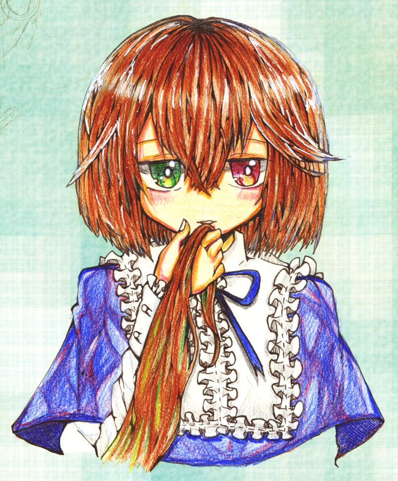 1girl capelet frills green_eyes heterochromia image long_sleeves looking_at_viewer no_hat no_headwear plaid plaid_background short_hair solo souseiseki traditional_media upper_body