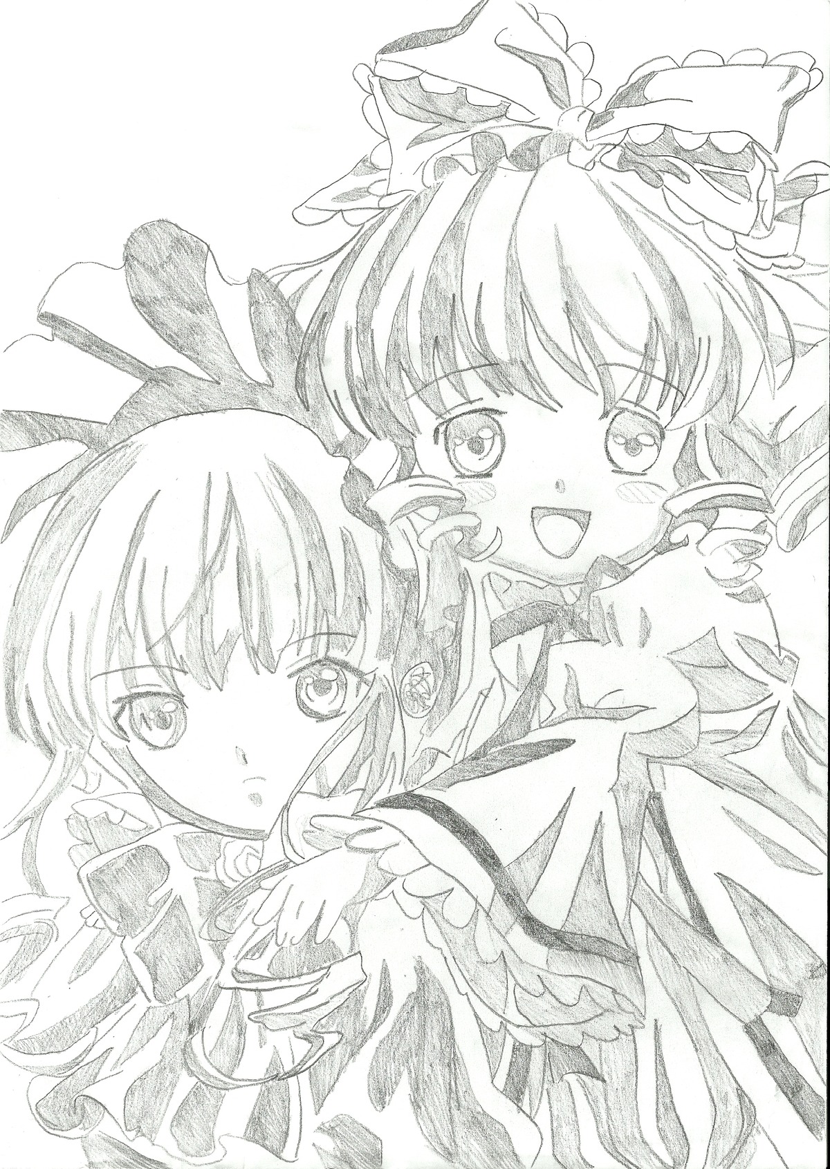 2girls blush bow frills greyscale hair_bow hakurei_reimu hinaichigo image long_hair long_sleeves looking_at_viewer monochrome multiple_girls open_mouth pair ribbon shinku smile traditional_media wide_sleeves