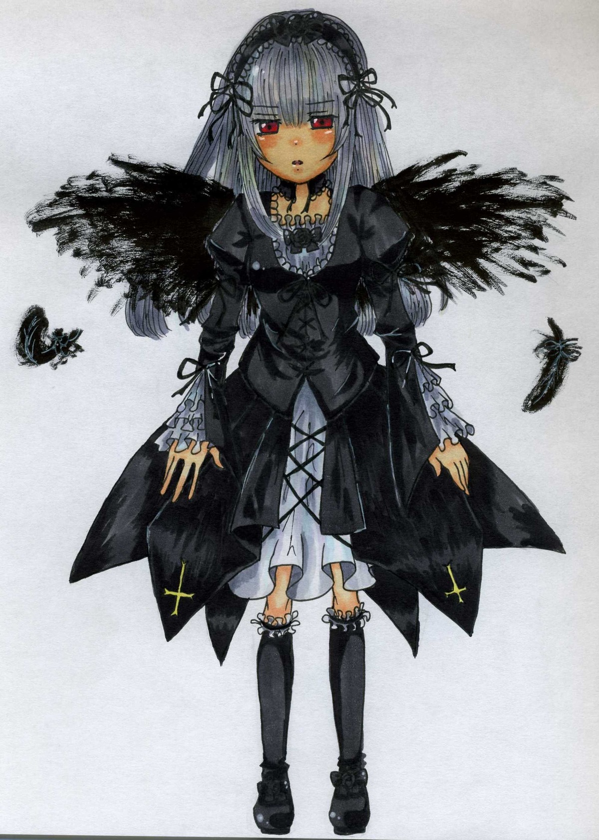 1girl black_wings cross-laced_clothes dress feathers flower frills full_body hairband image long_hair long_sleeves looking_at_viewer red_eyes ribbon silver_hair solo standing suigintou traditional_media wings