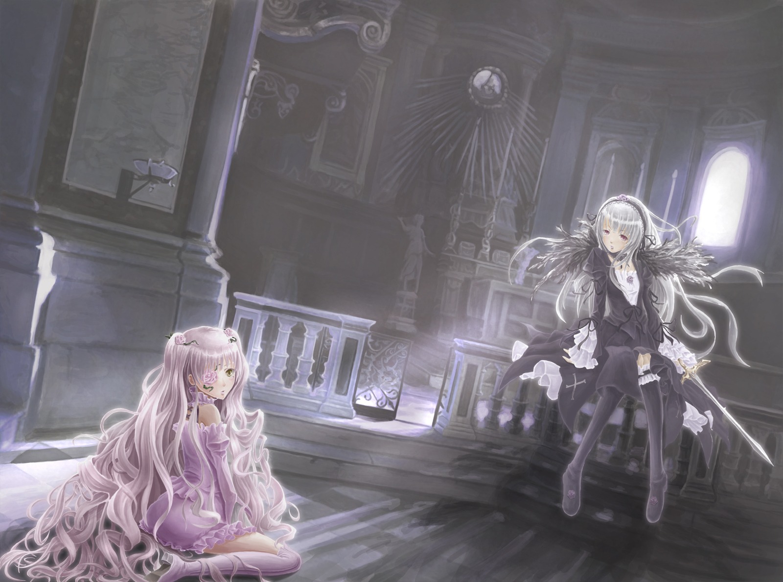 2girls bangs black_footwear boots dress frills image indoors kirakishou long_hair multiple_girls pair silver_hair sitting suigintou very_long_hair