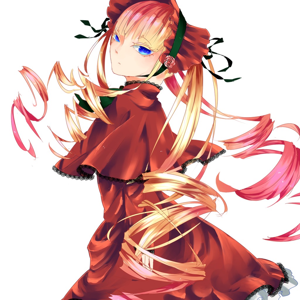 1girl blonde_hair blue_eyes bonnet bow capelet dress drill_hair flower image long_hair long_sleeves looking_at_viewer looking_back red_capelet red_dress rose shinku simple_background solo twin_drills twintails white_background