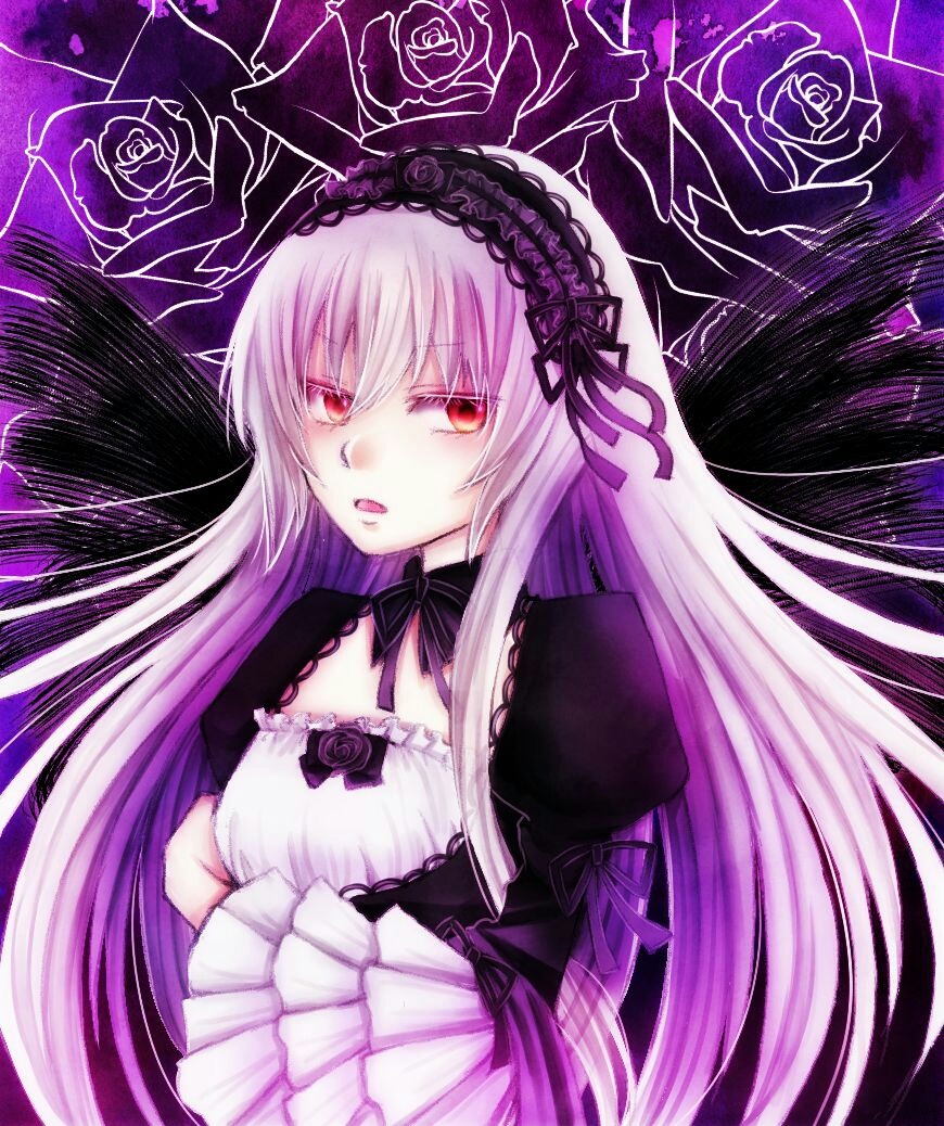 1girl auto_tagged black_wings detached_collar dress flower frills hairband image long_hair long_sleeves looking_at_viewer purple_flower purple_rose red_eyes red_flower red_rose ribbon rose silver_hair solo suigintou upper_body wings