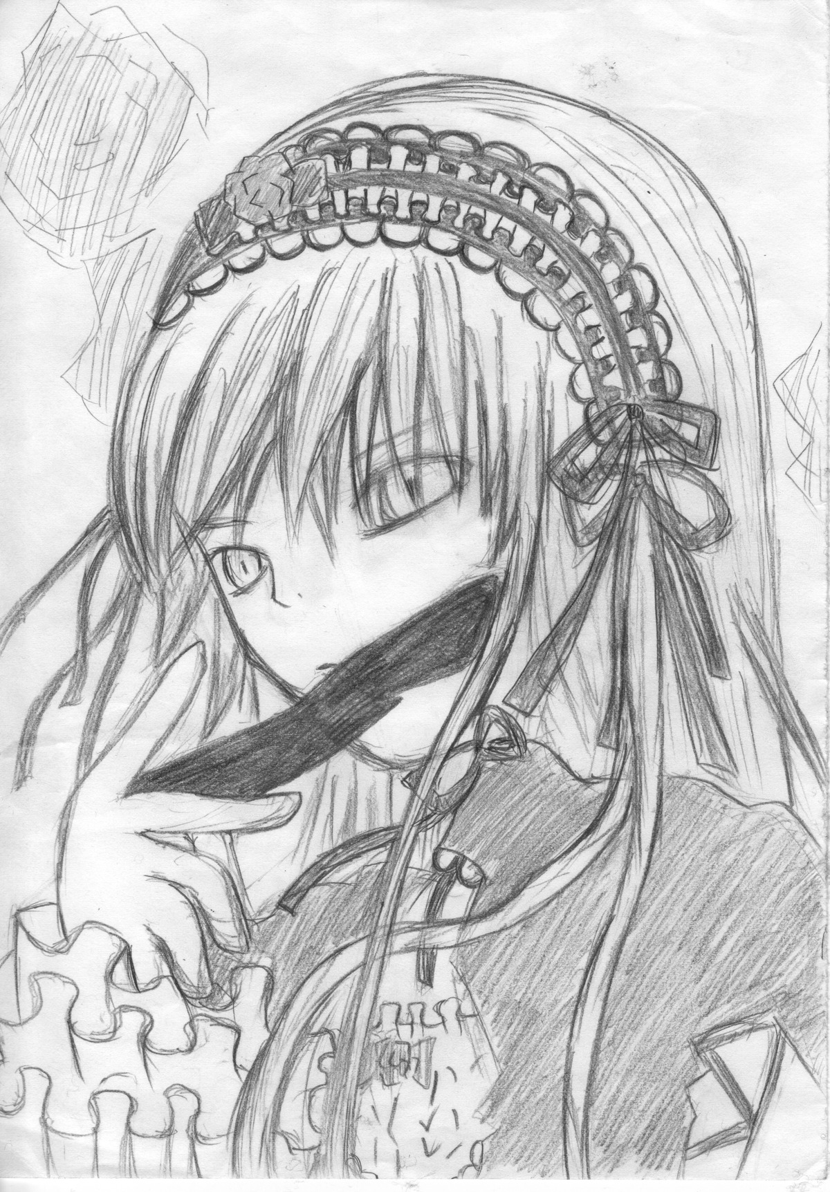 1girl frills greyscale hairband image long_hair long_sleeves looking_at_viewer monochrome ribbon simple_background solo suigintou traditional_media upper_body