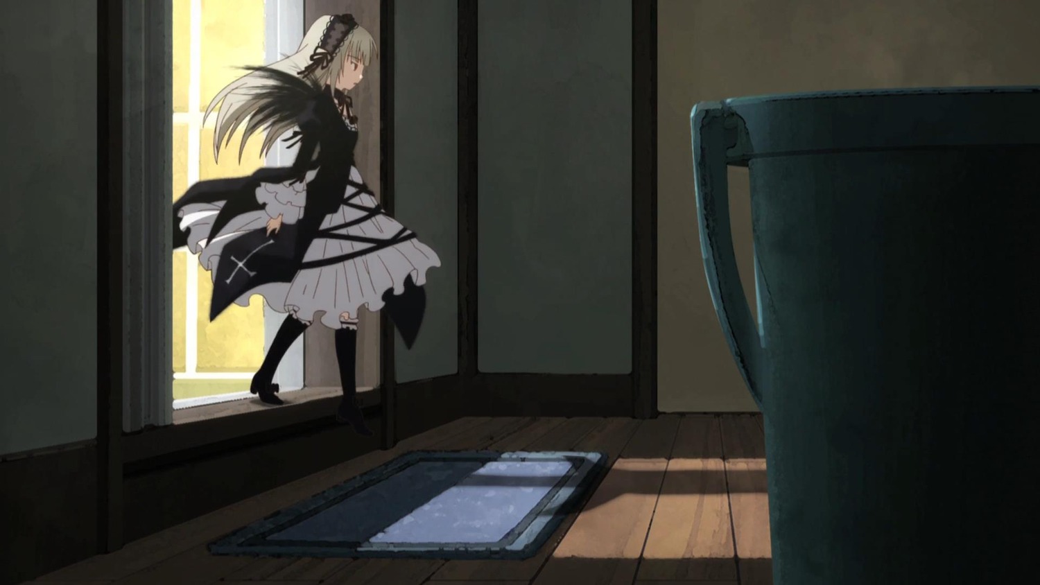 1girl black_dress closed_eyes dress hairband image long_hair long_sleeves multiple_girls solo suigintou window