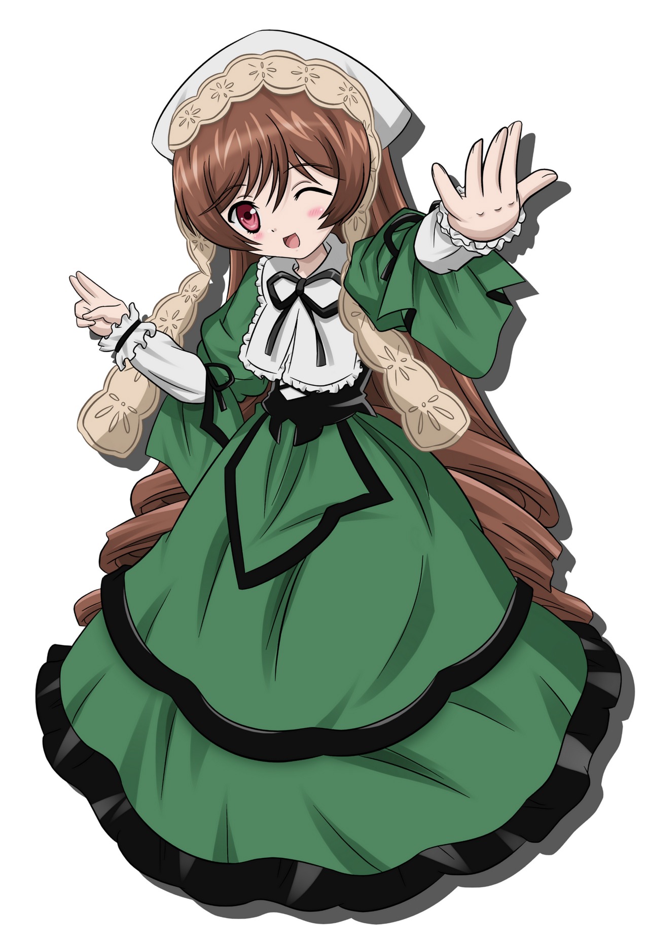 1girl ;d brown_hair dress drill_hair full_body green_dress head_scarf image long_hair long_sleeves looking_at_viewer one_eye_closed open_mouth ribbon smile solo suiseiseki very_long_hair
