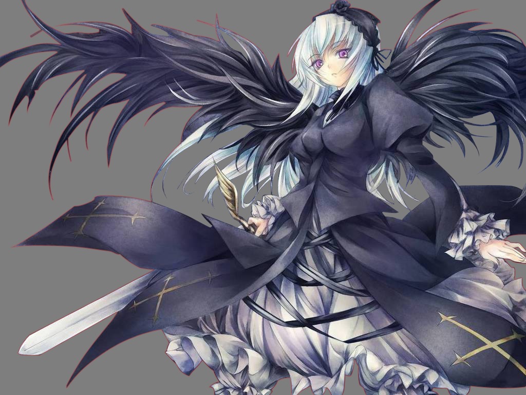 1girl black_wings closed_mouth dress frilled_sleeves frills hairband image lolita_hairband long_hair long_sleeves looking_at_viewer puffy_sleeves purple_eyes rose silver_hair solo suigintou very_long_hair weapon wings