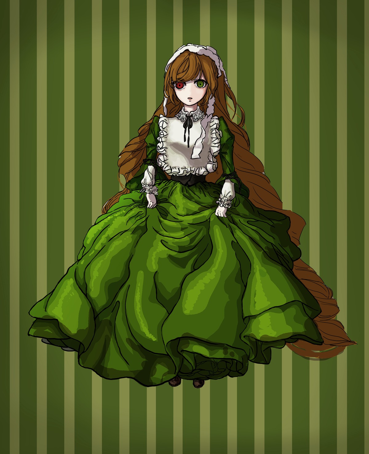 1girl brown_hair dress flower frills full_body green_dress green_eyes heterochromia image long_hair long_sleeves looking_at_viewer open_mouth red_eyes solo striped striped_background suiseiseki vertical_stripes very_long_hair