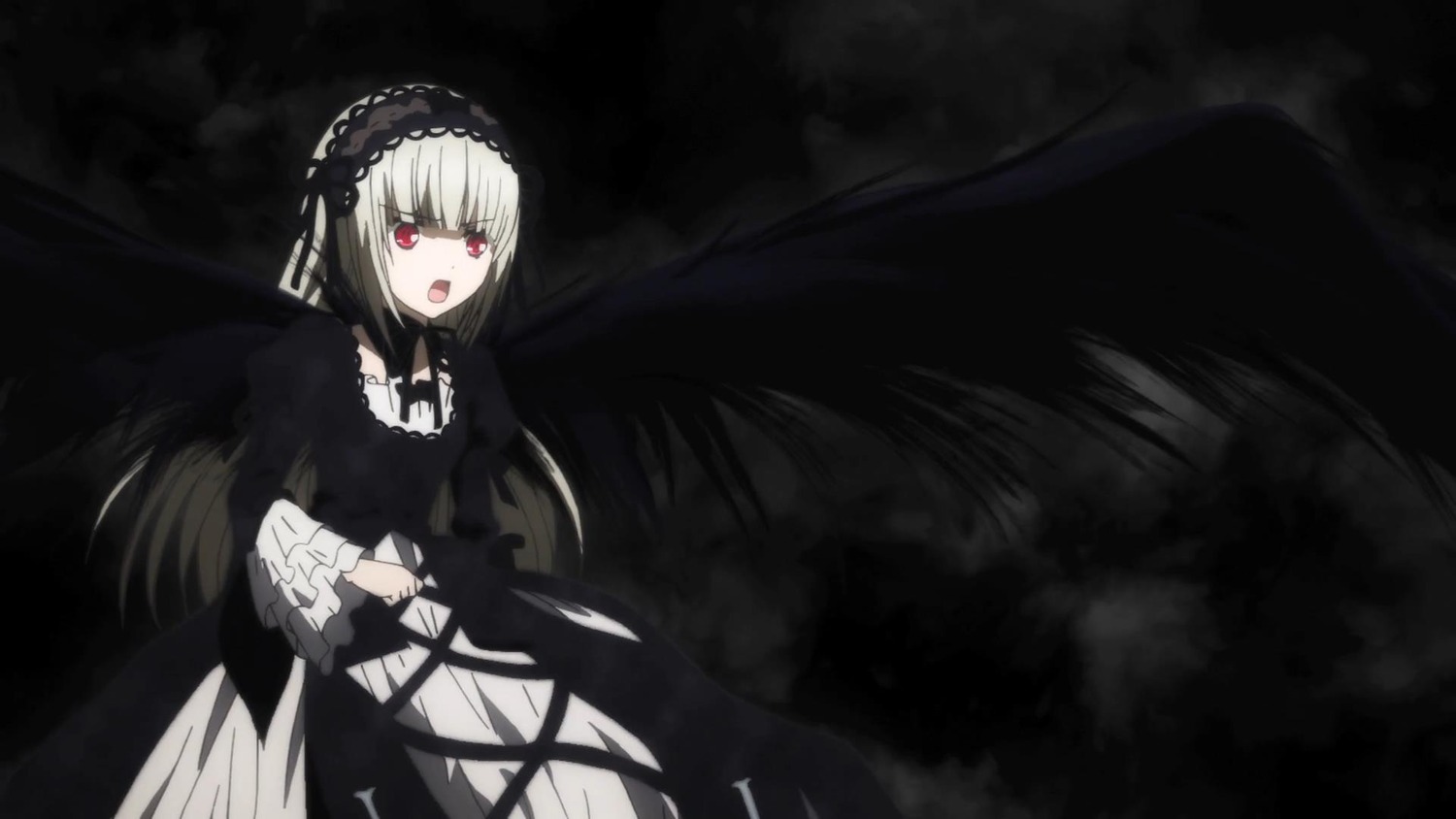 1girl black_dress black_ribbon black_wings dress frills gothic_lolita hairband image joints lolita_fashion long_hair long_sleeves looking_at_viewer open_mouth red_eyes ribbon rose solo suigintou very_long_hair wings