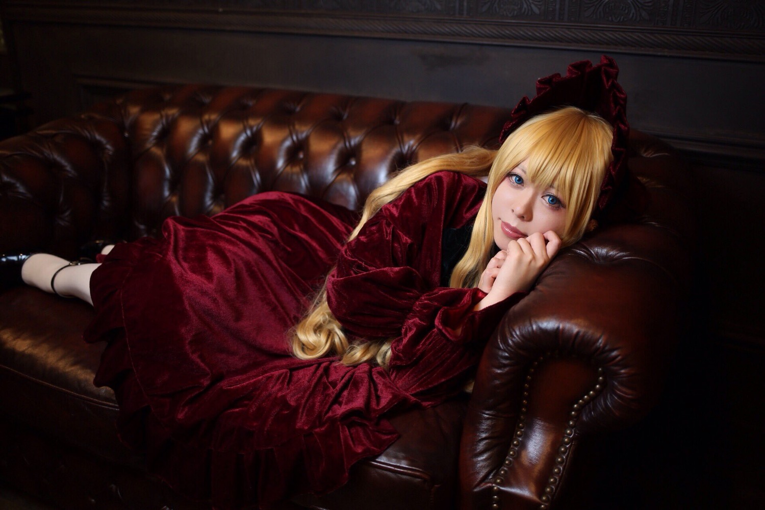 1girl blonde_hair blue_eyes dress flower long_hair long_sleeves looking_at_viewer red_dress rose shinku sitting solo