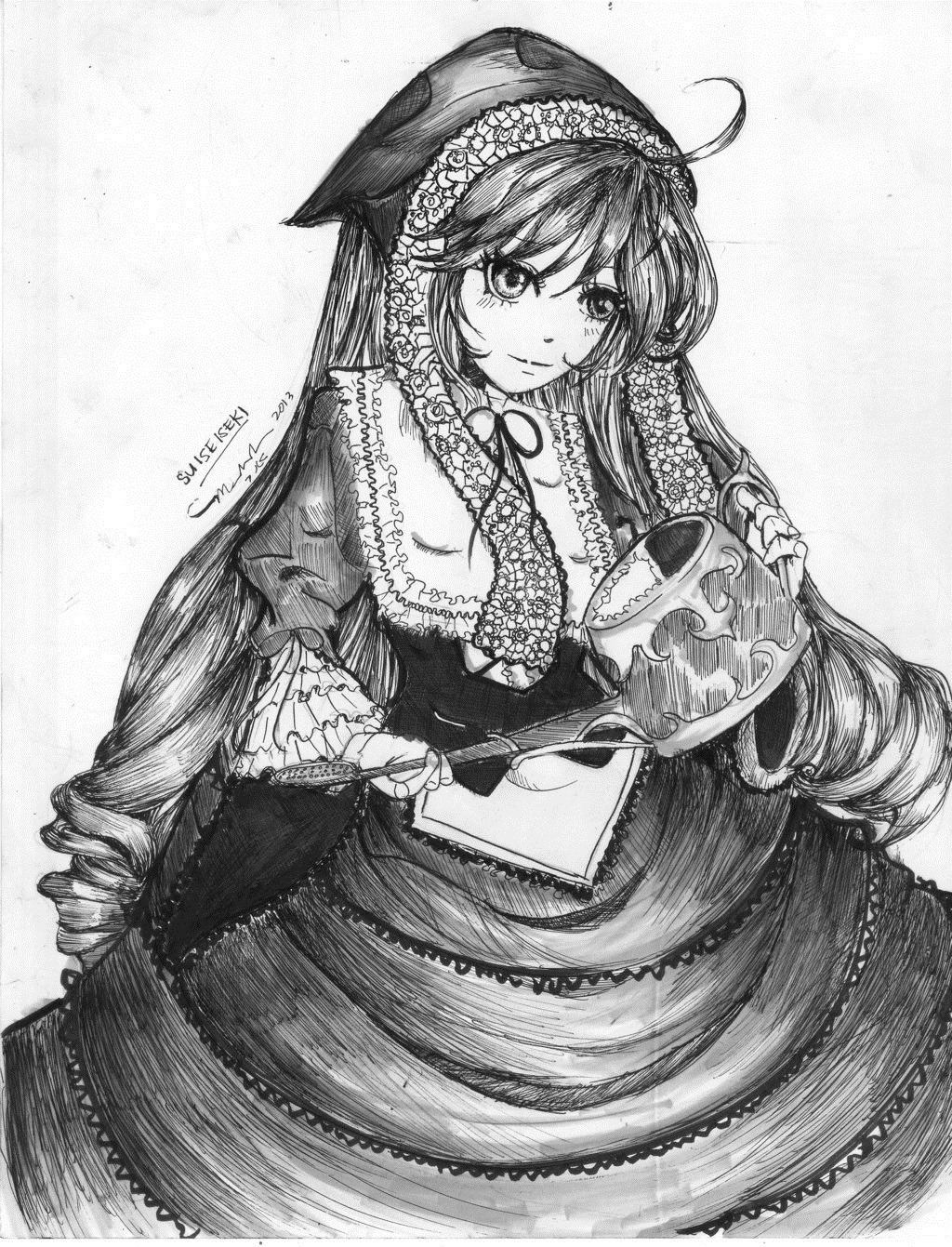 1girl ahoge blush breasts cleavage dress drill_hair frills greyscale hat image long_hair long_sleeves looking_at_viewer monochrome smile solo suiseiseki traditional_media twin_drills very_long_hair wide_sleeves