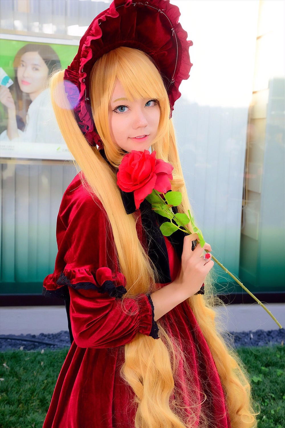 1girl bangs blonde_hair blue_eyes bonnet dress flower lips long_hair looking_at_viewer red_dress rose shinku solo