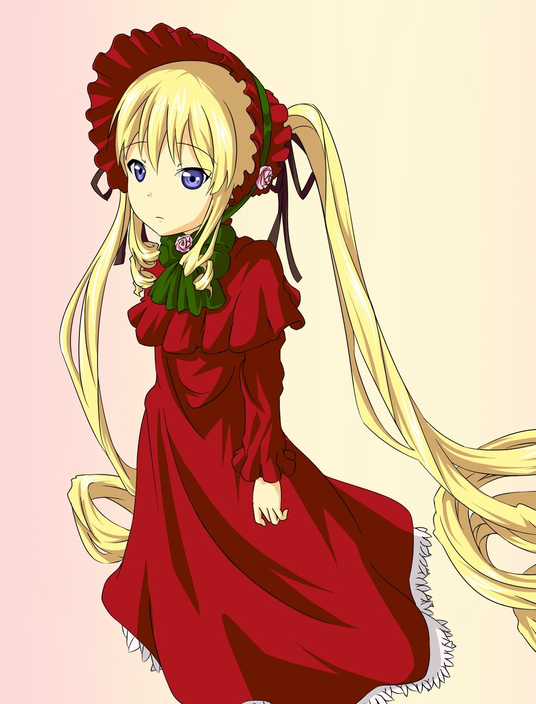 1girl blonde_hair blue_eyes bonnet bow bowtie dress flower green_bow image long_hair long_sleeves looking_at_viewer red_dress rose shinku solo twintails very_long_hair