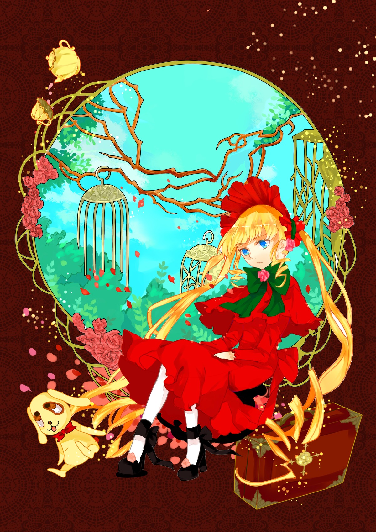 1girl blonde_hair blue_eyes bonnet bow bowtie doll dress flower green_bow image long_hair red_dress rose shinku sitting solo suitcase twintails very_long_hair